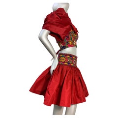 Torso Creations Crimson Silk Taffeta Mini Skirt & Corset-Style Blouse Ensemble 