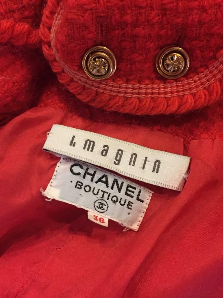 1980s Chanel Cardinal Red Tweed Skirt Suit w/ Braid Trim and Shamrock Buttons 3