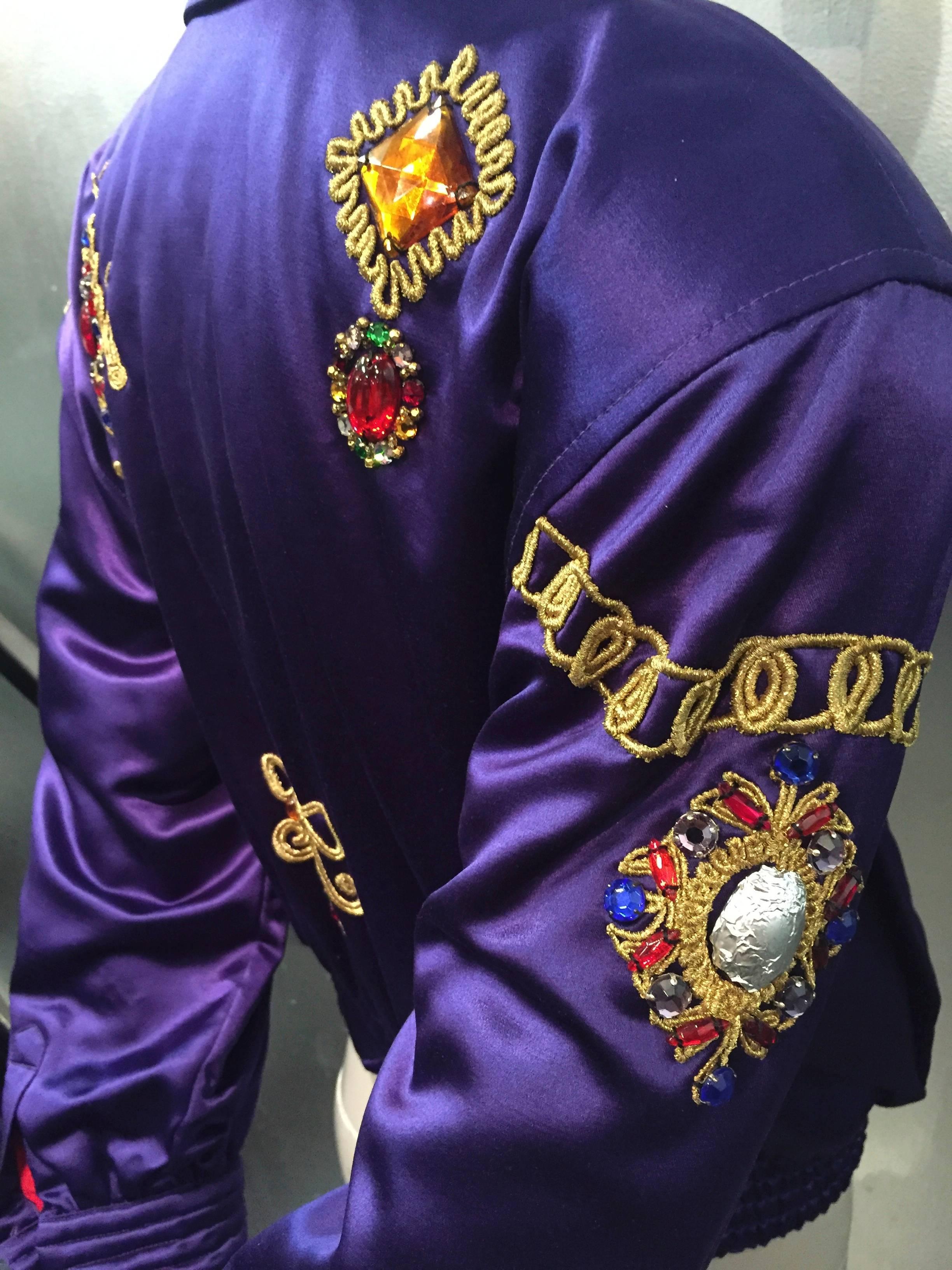 1980s Escada Purple Silk and Wool Satin Bomber Jacket w Jewel Embroidery In Excellent Condition In Gresham, OR