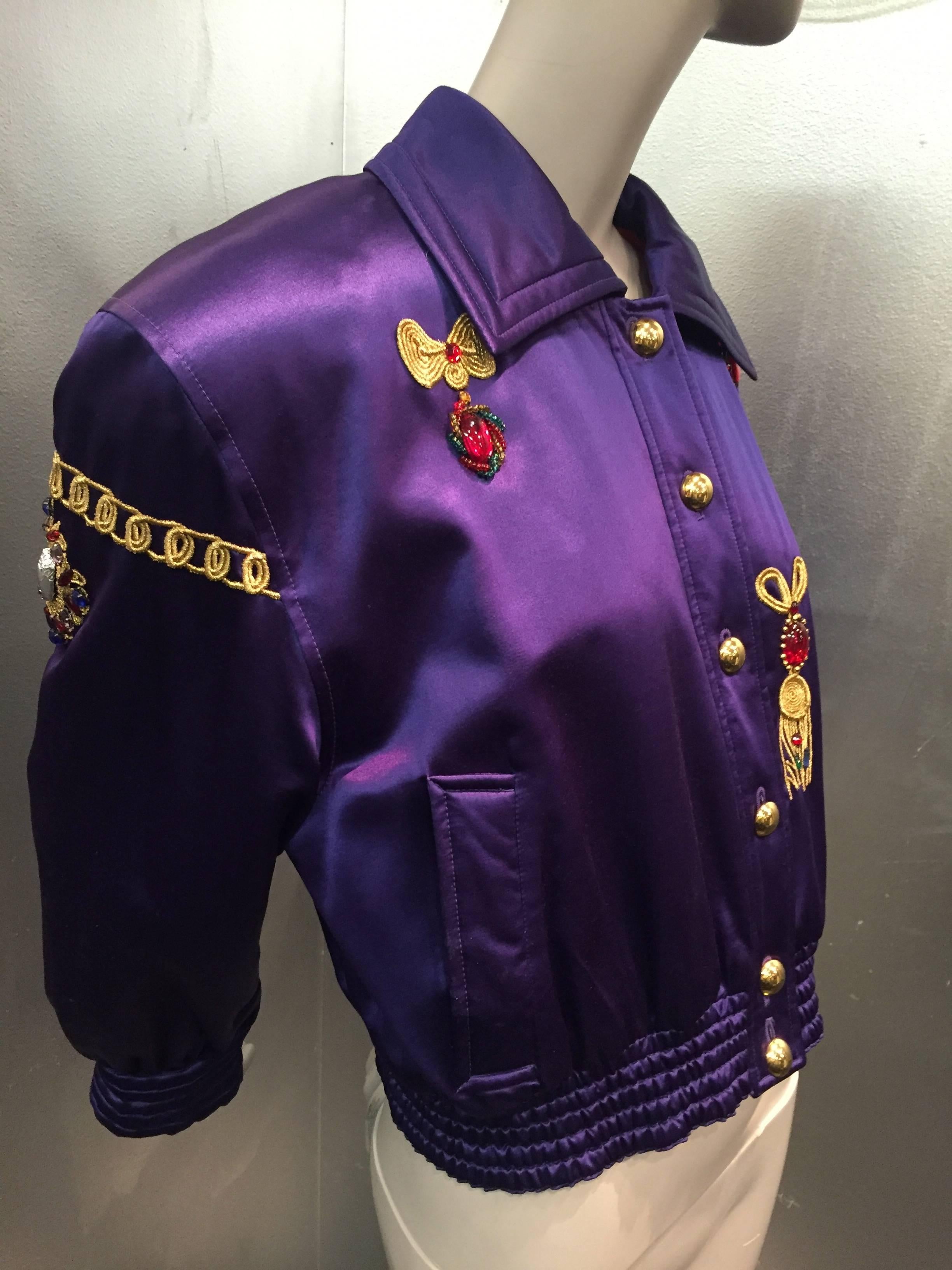 Women's 1980s Escada Purple Silk and Wool Satin Bomber Jacket w Jewel Embroidery
