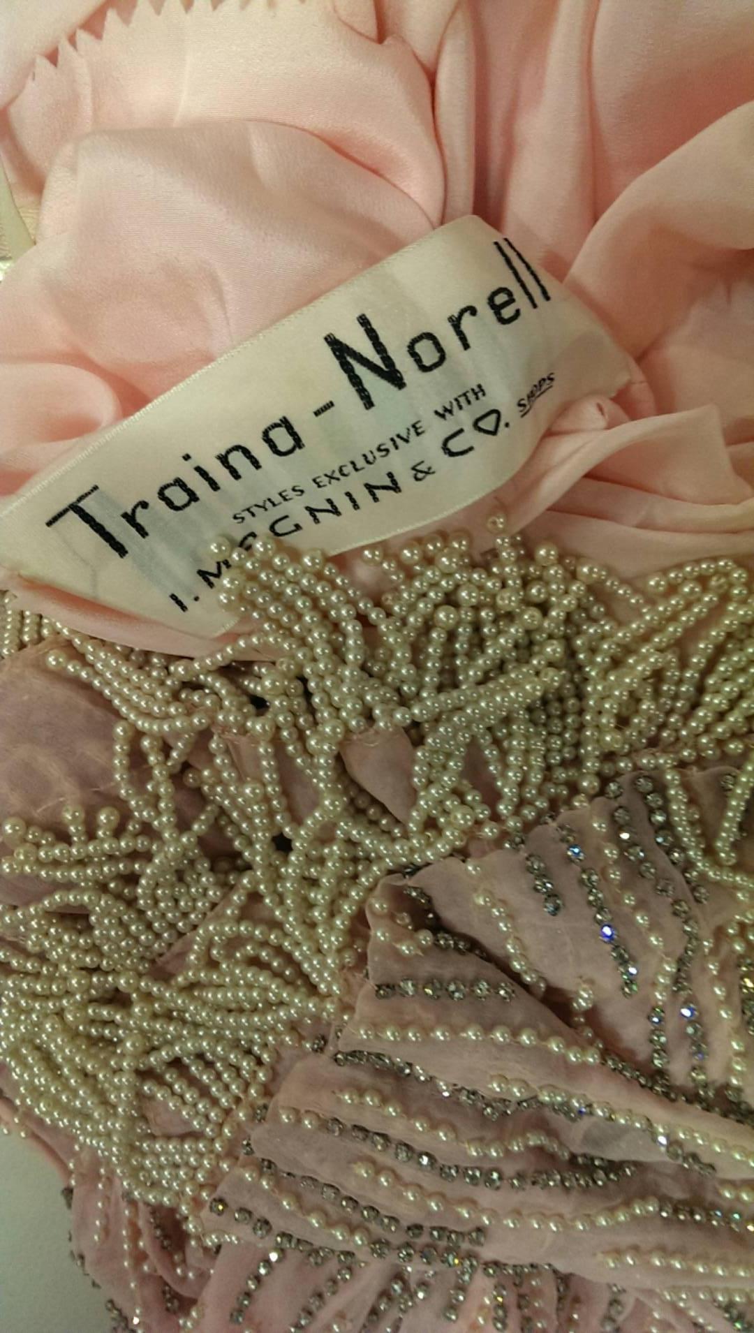 Late 1950s Traina - Norell Pink Chiffon Rhinestone and Pearl Fringe Wiggle Dress 1