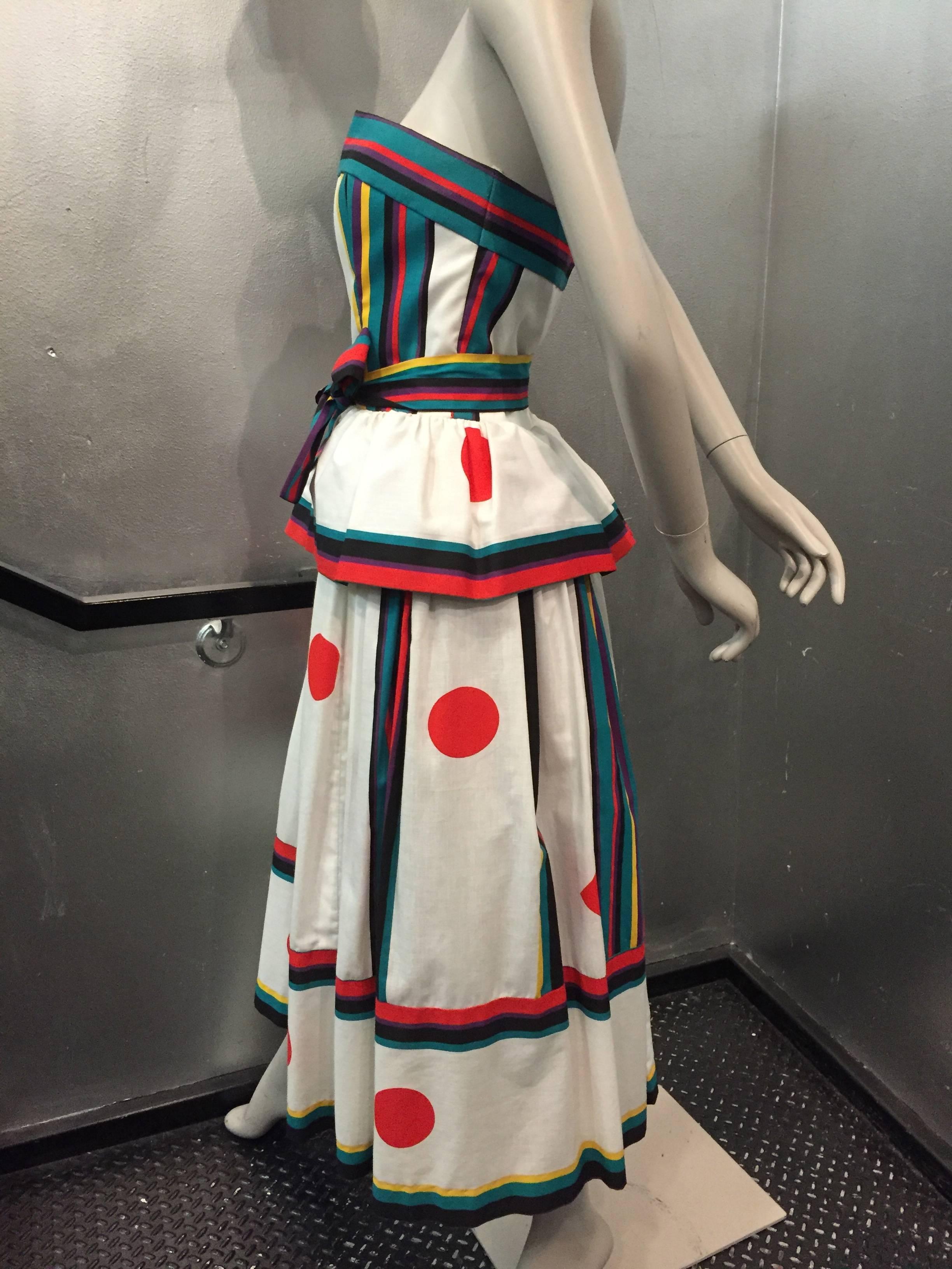 1980s Victor Costa Cotton Pop-Art Strapless Sun Dress with Full Skirt and Peplum 2