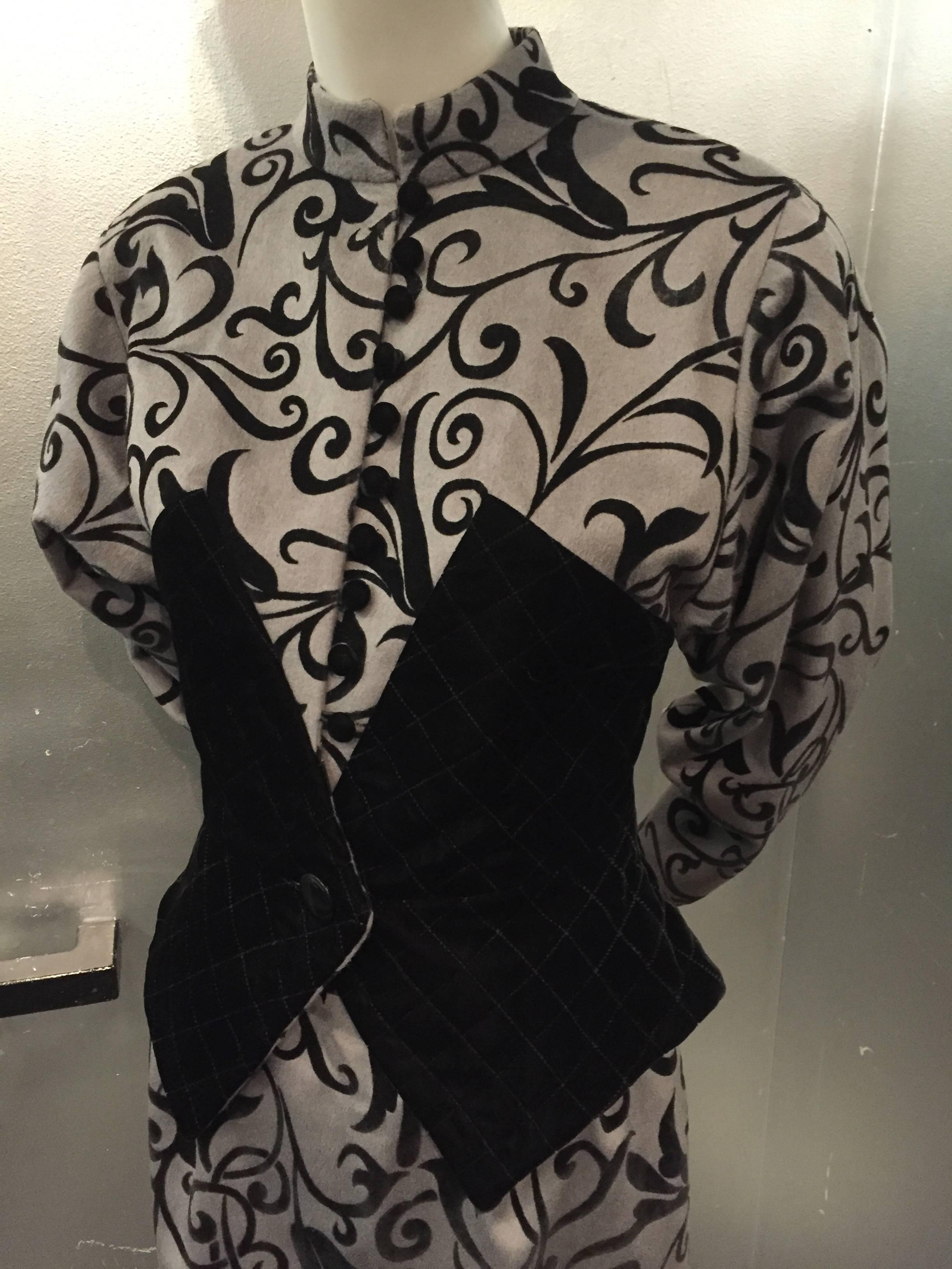 1980s Ted Lapidus Gray Felt Trompe L'Oeil Black Velvet Corset 2-Piece Suit 2