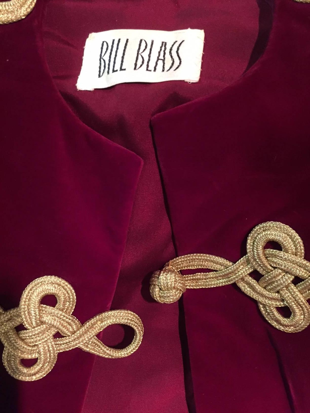 Black 1960s Bill Blass Burgundy Velvet Jacket w Gold Braid Epaulets and Closure