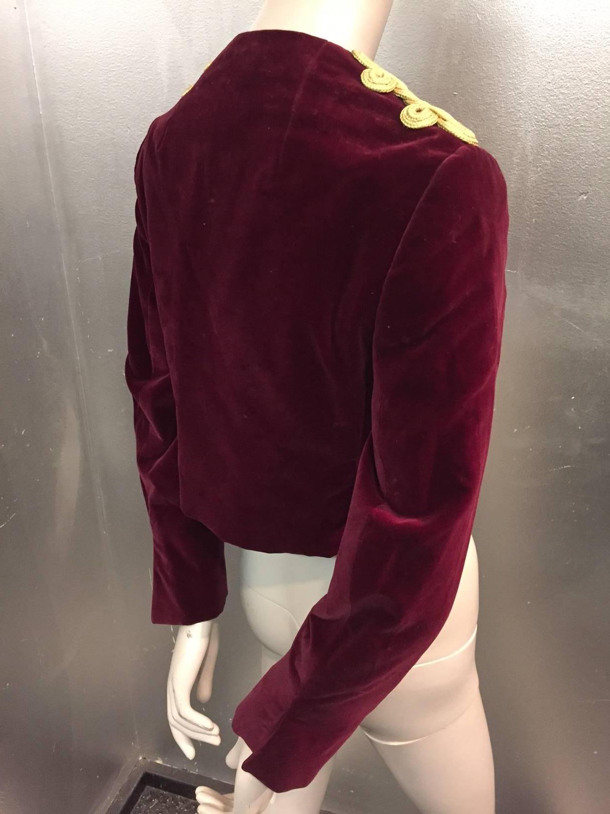 Women's 1960s Bill Blass Burgundy Velvet Jacket w Gold Braid Epaulets and Closure