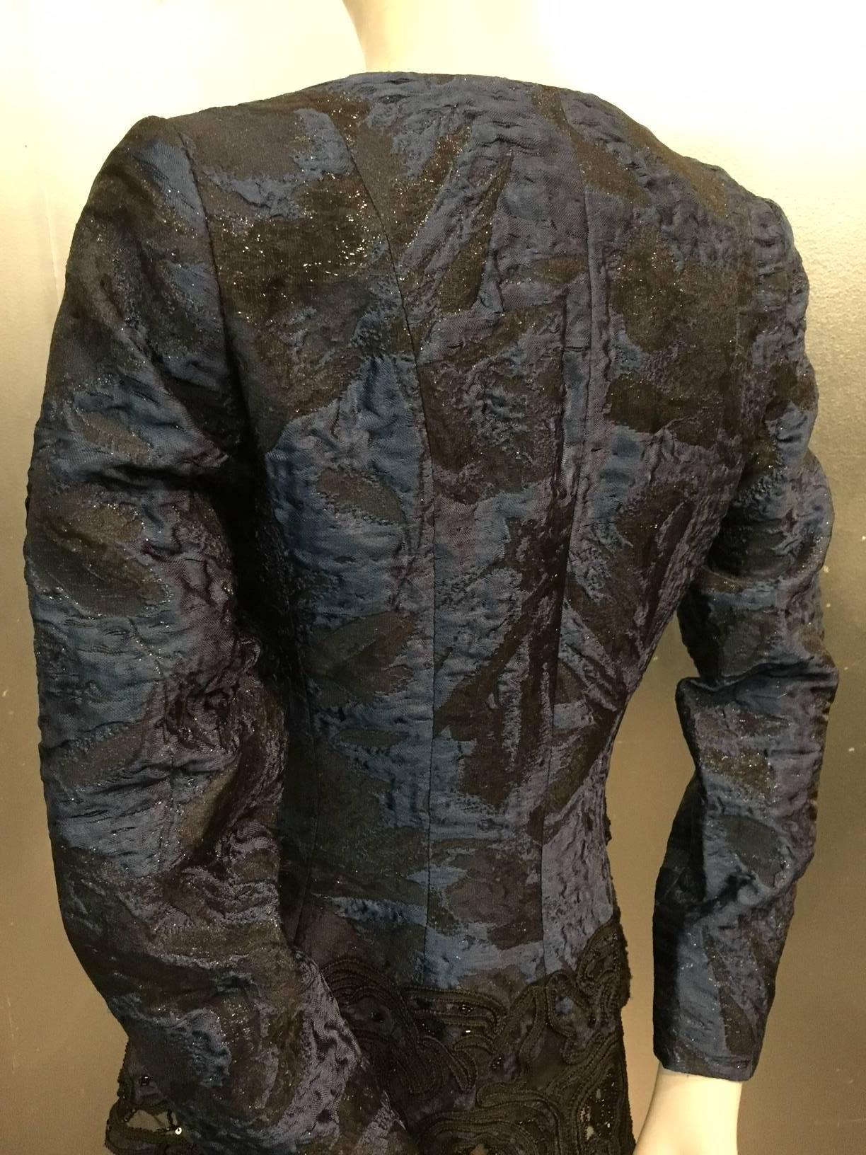 Oscar de la Renta Navy and Black Brocade Jacket w Peplum and Cut-Out Lace 1
