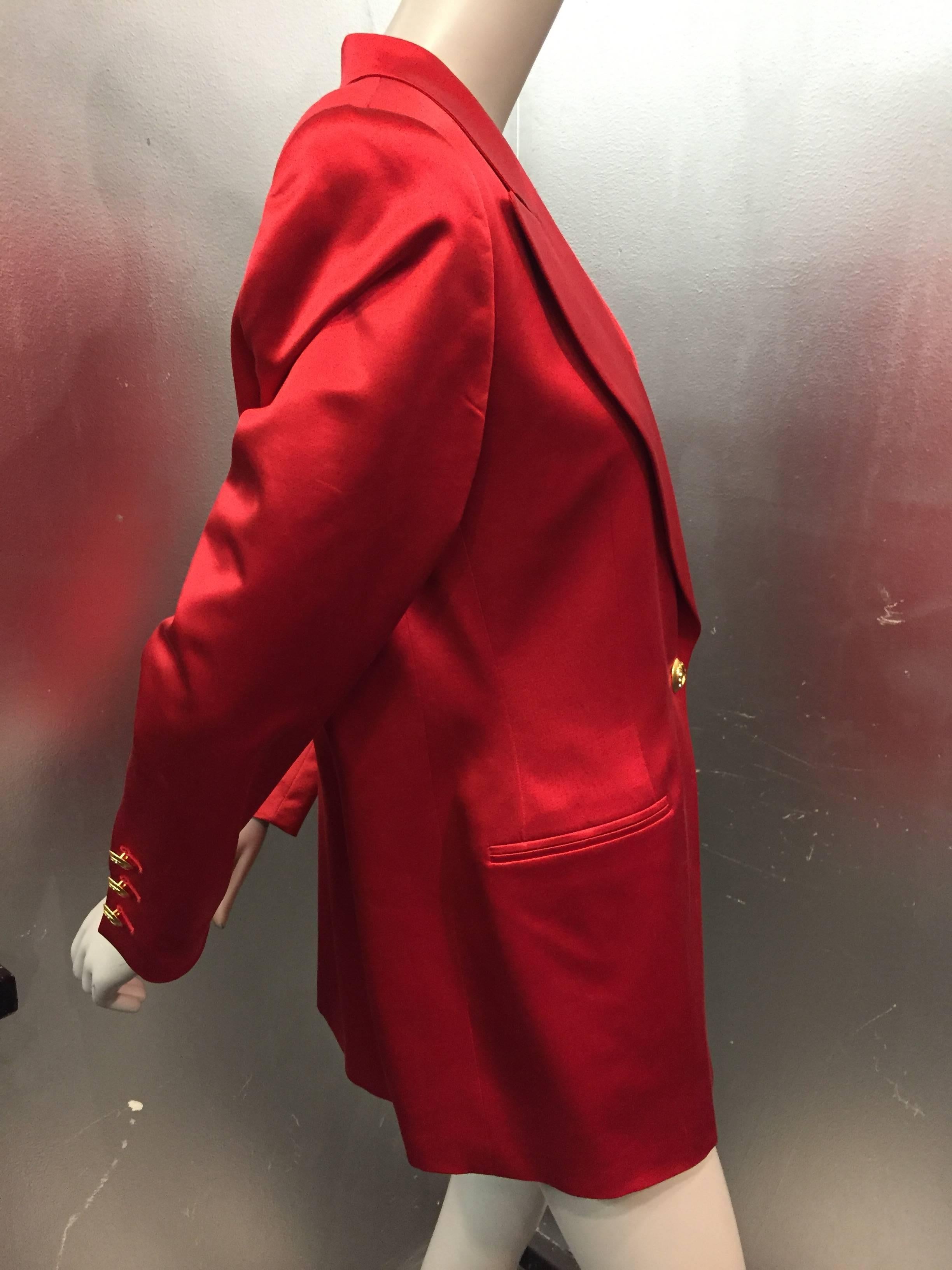 Women's 1990s Escada Cardinal Red Silk Satin Dinner Jacket w/ Horseshoe Buttons