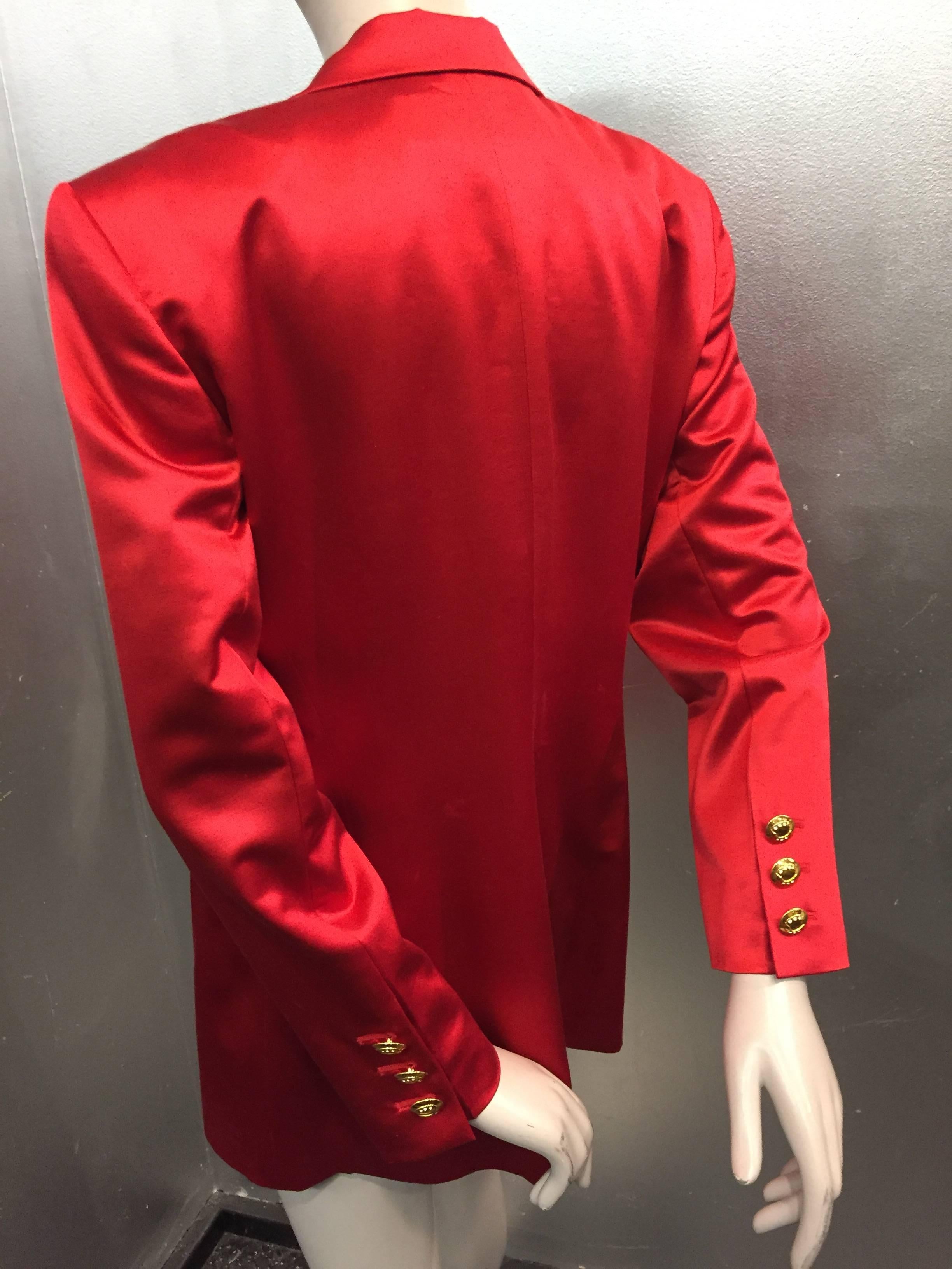 A gorgeous 1990s Escada by Margaretha Ley cardinal red silk satin dinner jacket with gold and rhinestone 