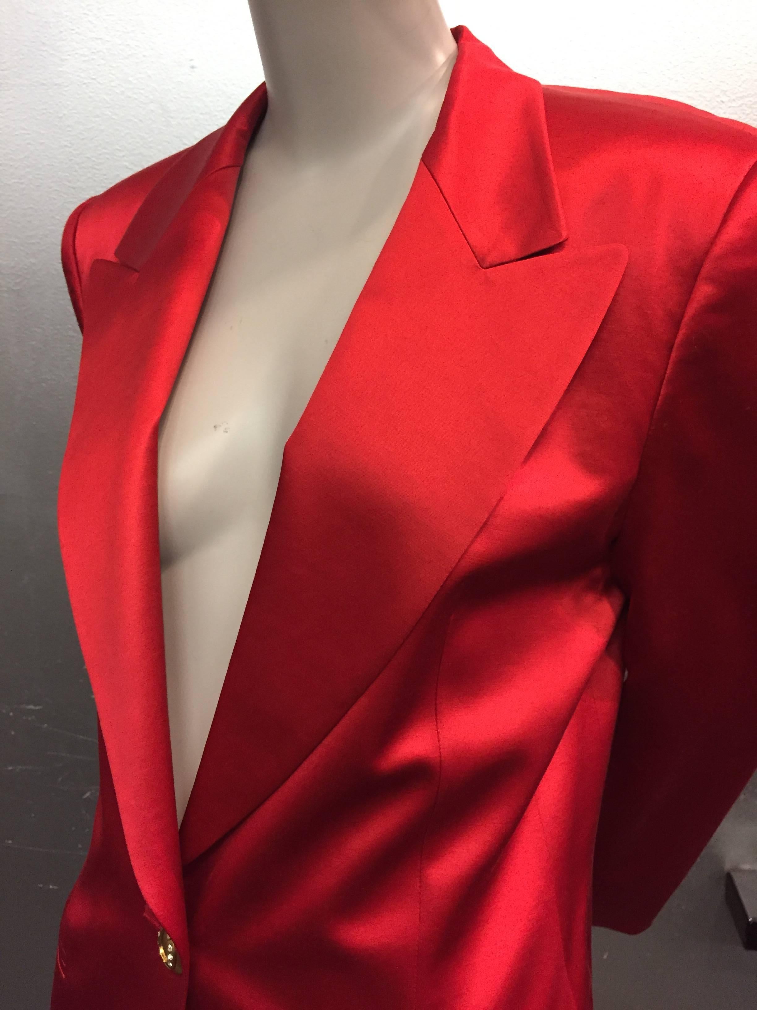 1990s Escada Cardinal Red Silk Satin Dinner Jacket w/ Horseshoe Buttons In Excellent Condition In Gresham, OR