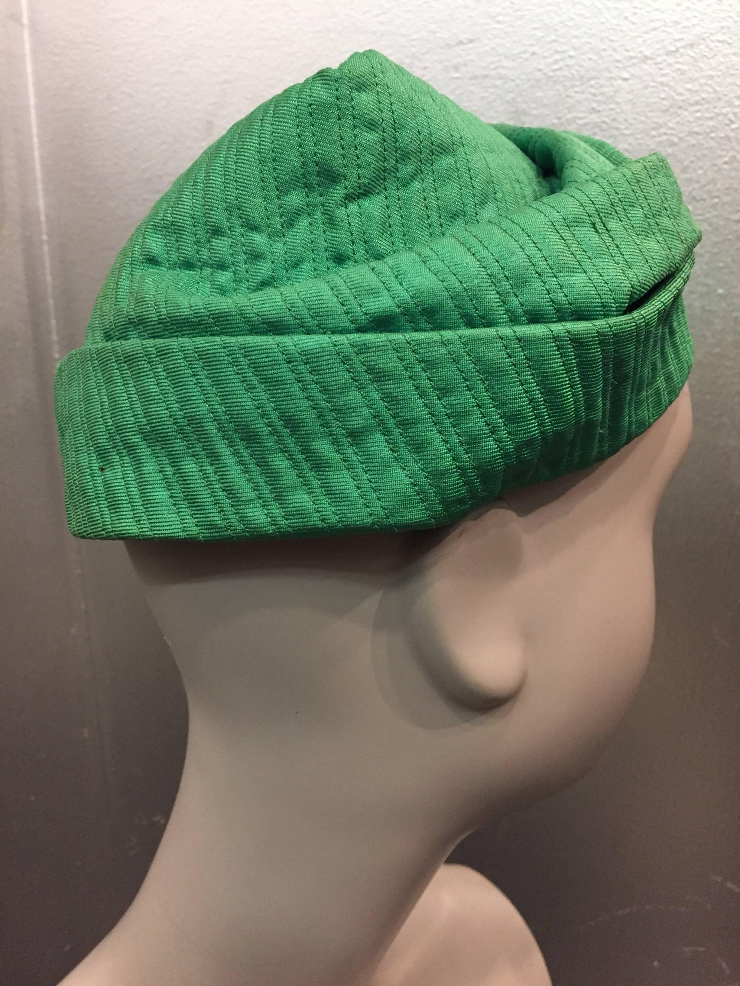 Women's 1960s Mr. John Kelly Green Quilted Turban Hat For Sale