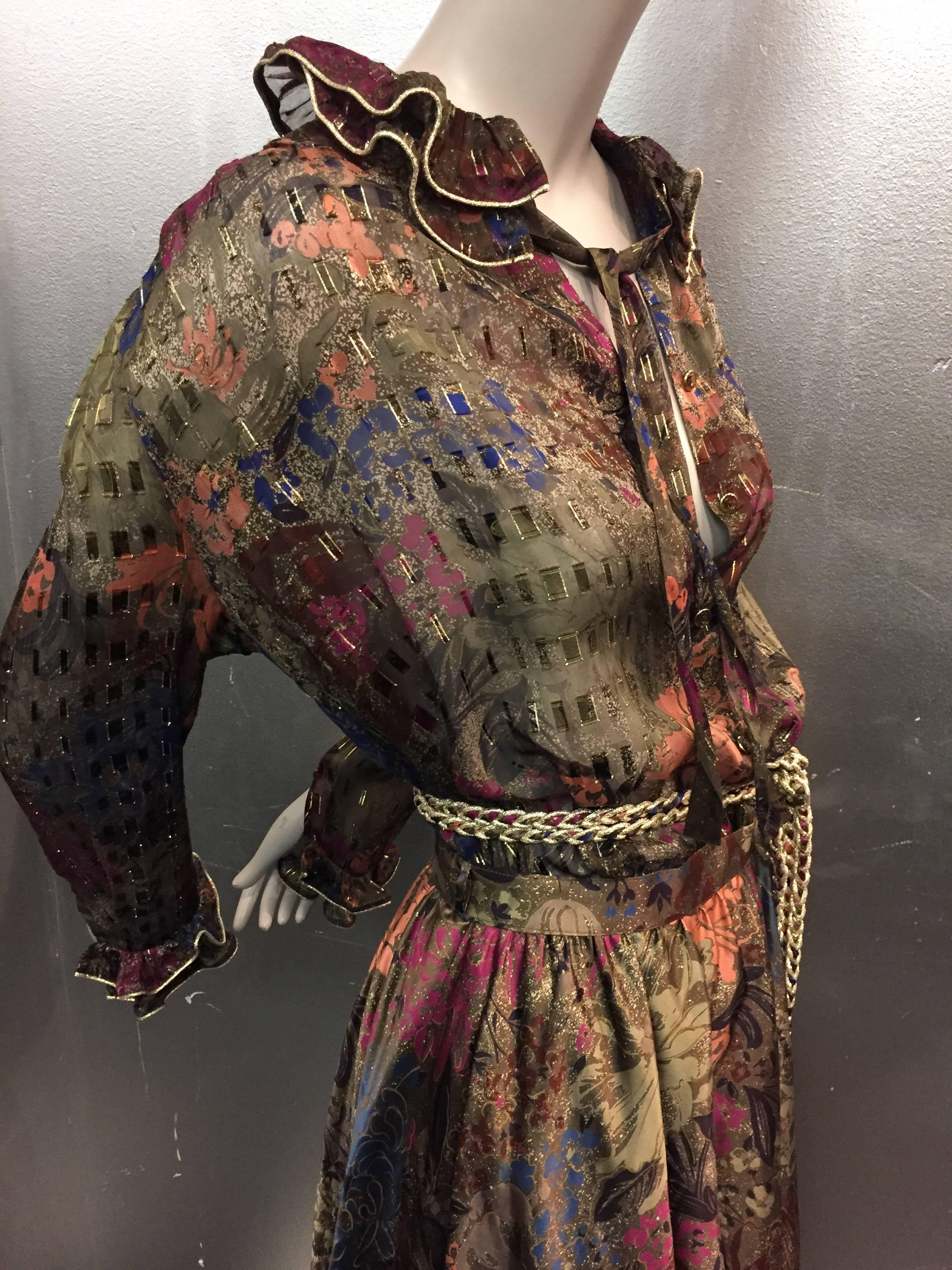 1980s Louis Feraud Autumnal Floral Print Chiffon 2-Piece Ensemble 3