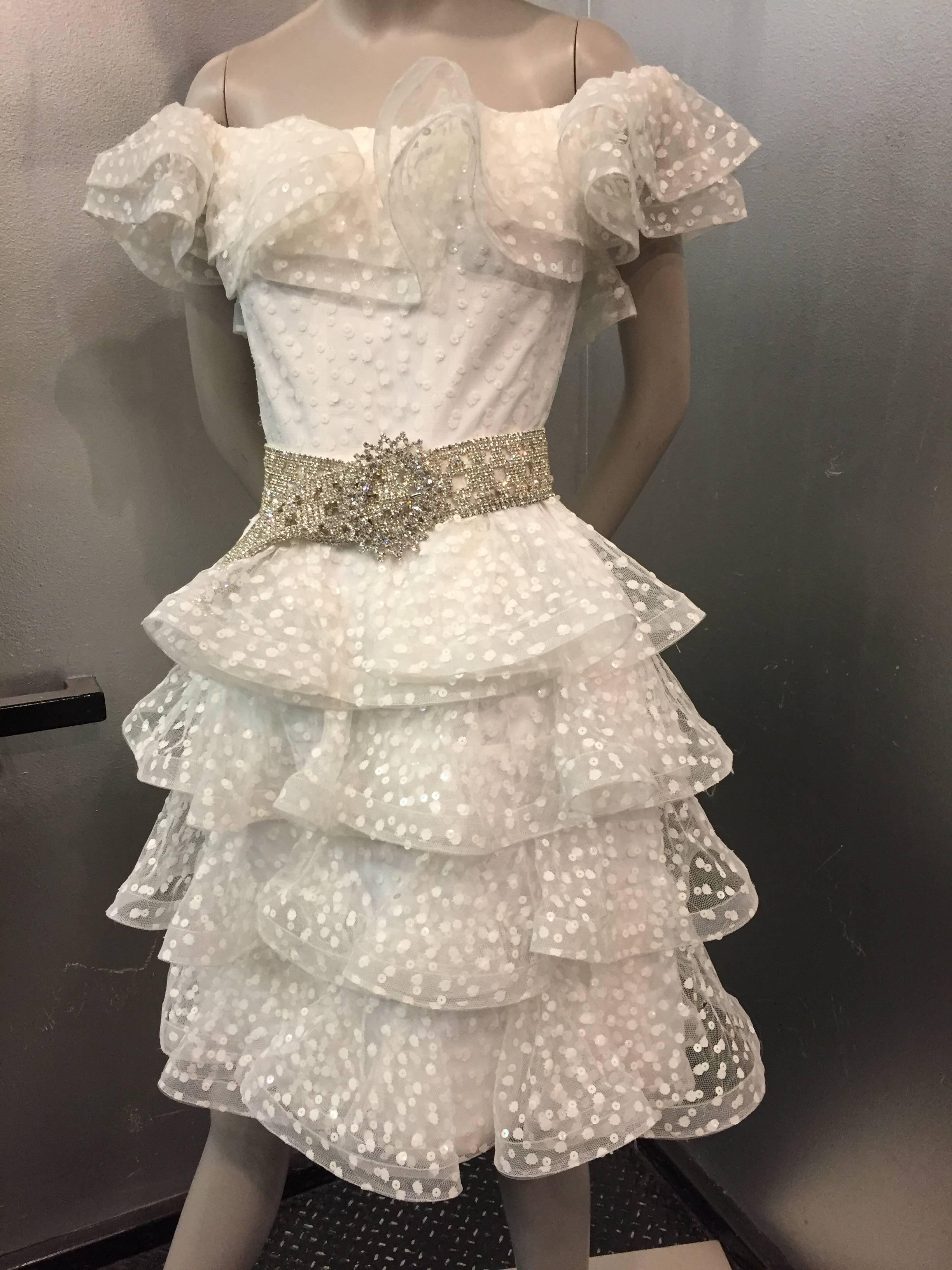 1980s Scaasi Tiered Ruffled Pointe D'Esprit Tulle Cocktail Dress  1