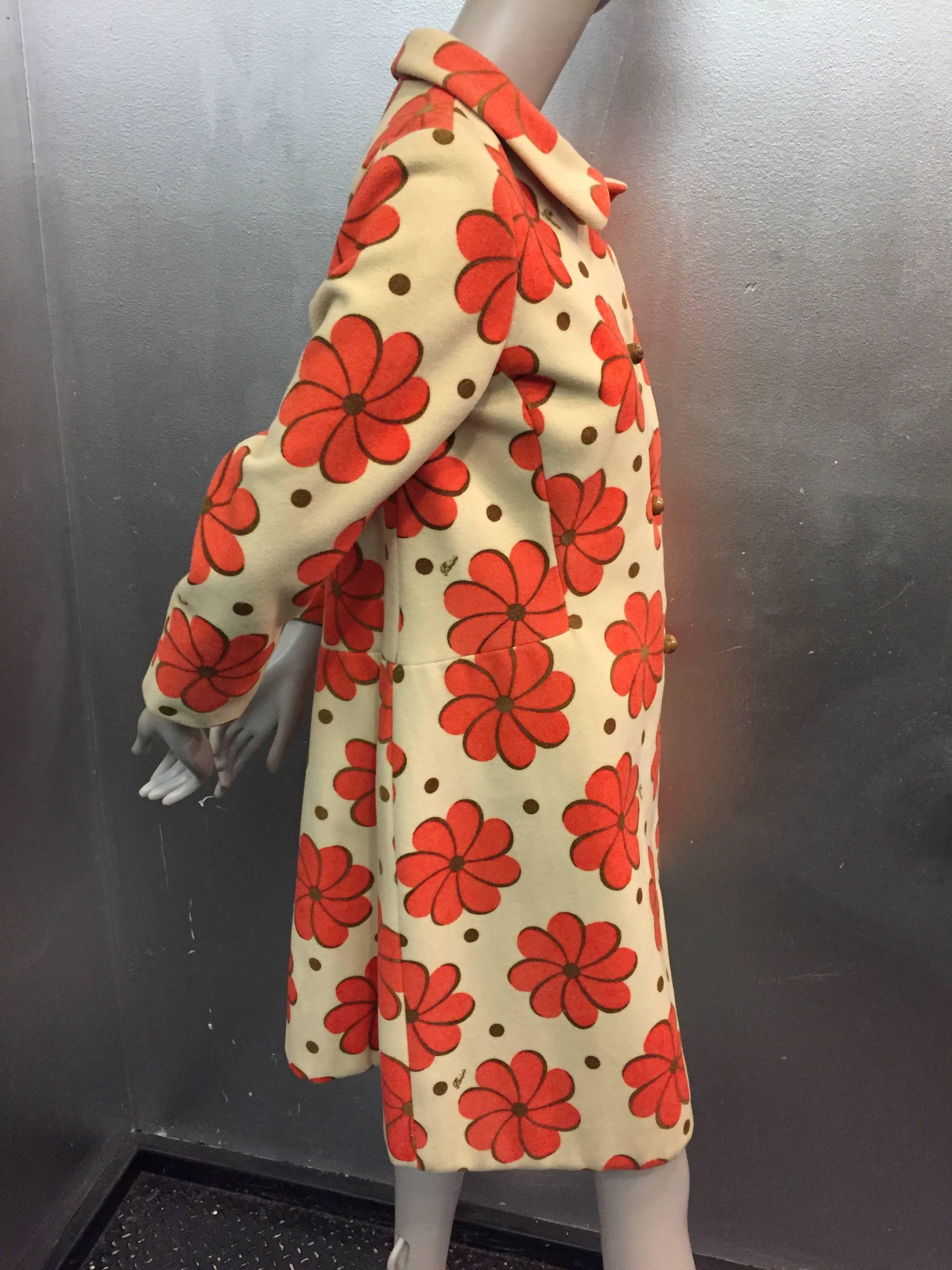 Women's 1960s Pierini Cream Italian Wool Coat in a Fabulous Orange Daisy Print