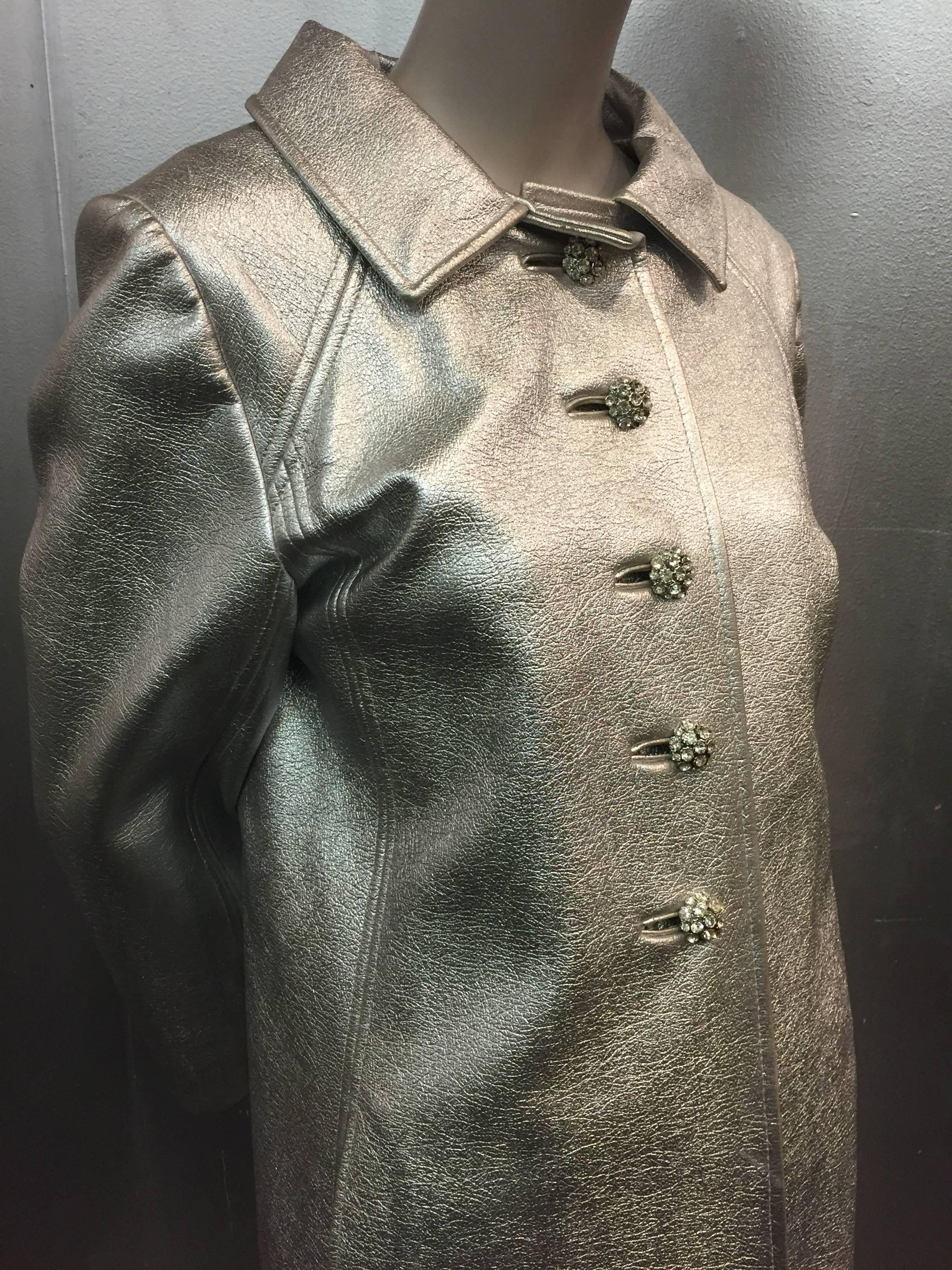 1960s Saks Fifth Avenue Silver Vinyl Maxi Coat with Rhinestone Buttons 1