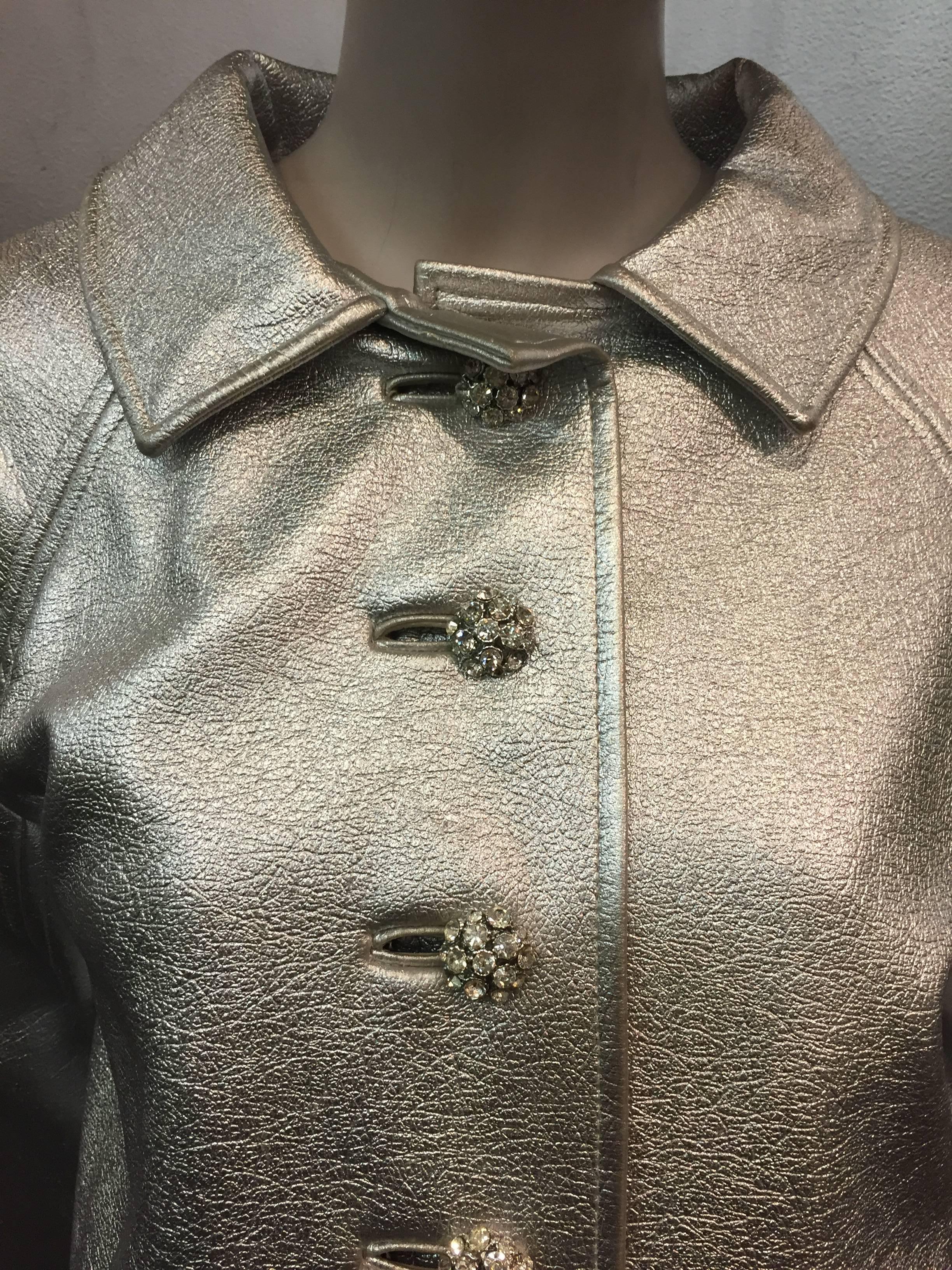 1960s Saks Fifth Avenue Silver Vinyl Maxi Coat with Rhinestone Buttons 4