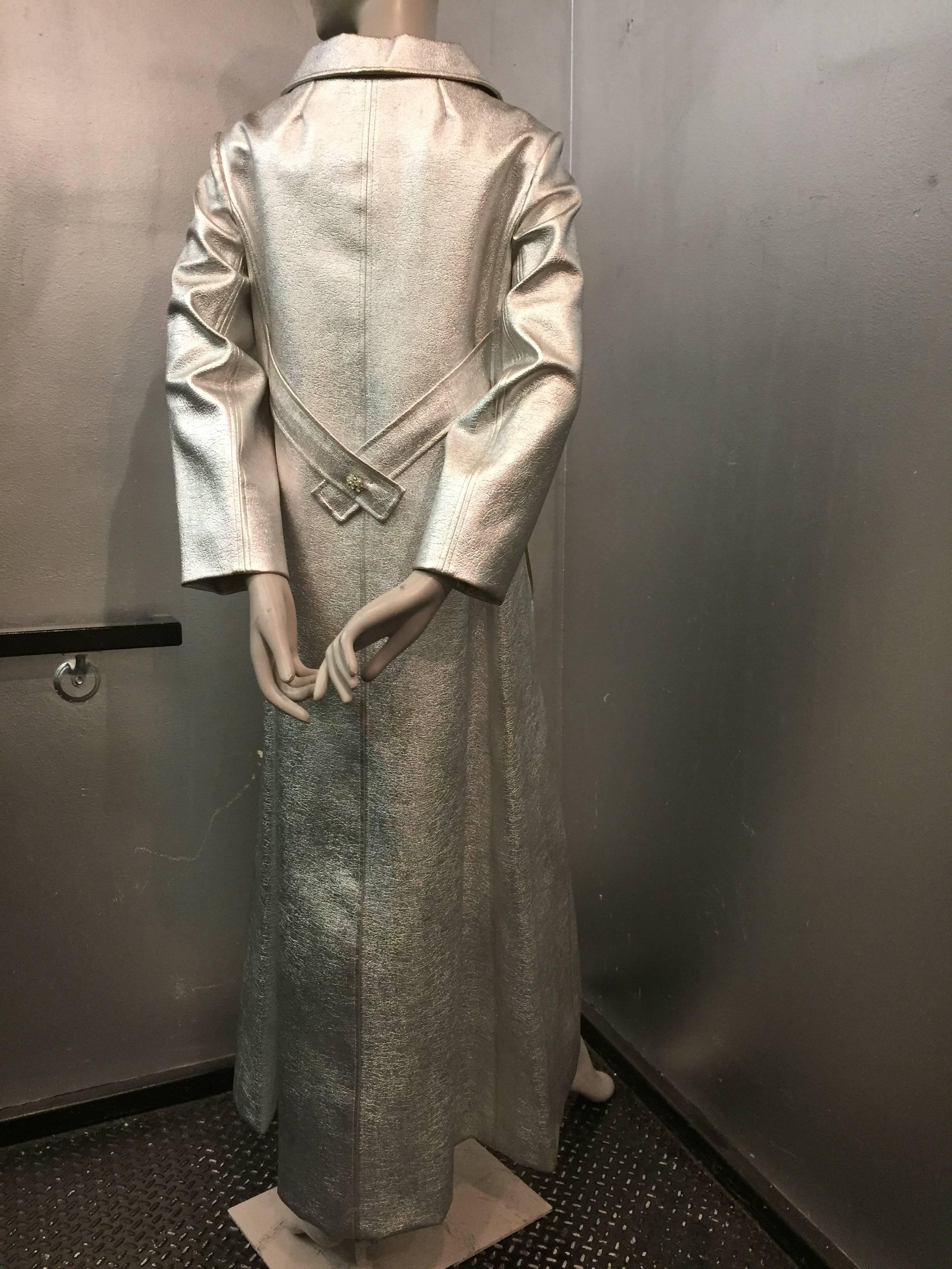 1960s Saks Fifth Avenue Silver Vinyl Maxi Coat with Rhinestone Buttons In Excellent Condition In Gresham, OR