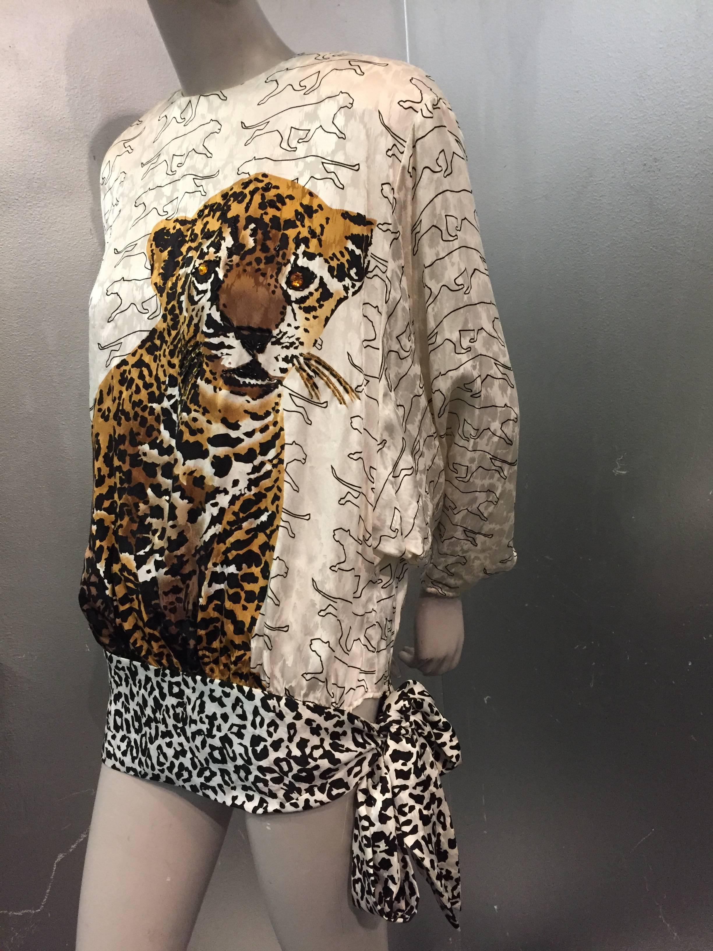 1980s Julie Francis Dolman Silk Blouse with Hip Sash and Leopard Print In Excellent Condition In Gresham, OR