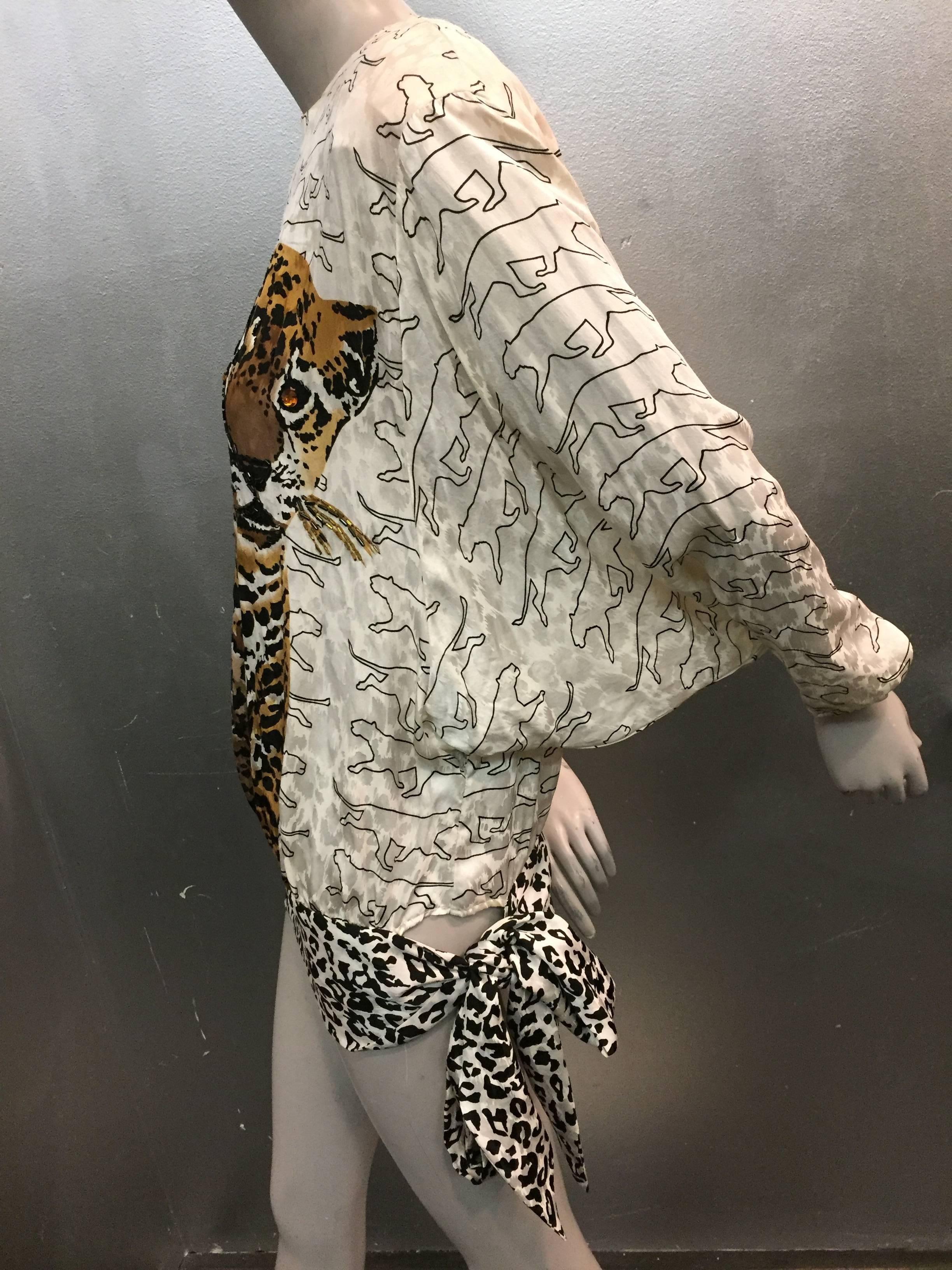 1980s Julie Francis Dolman Silk Blouse with Hip Sash and Leopard Print 1