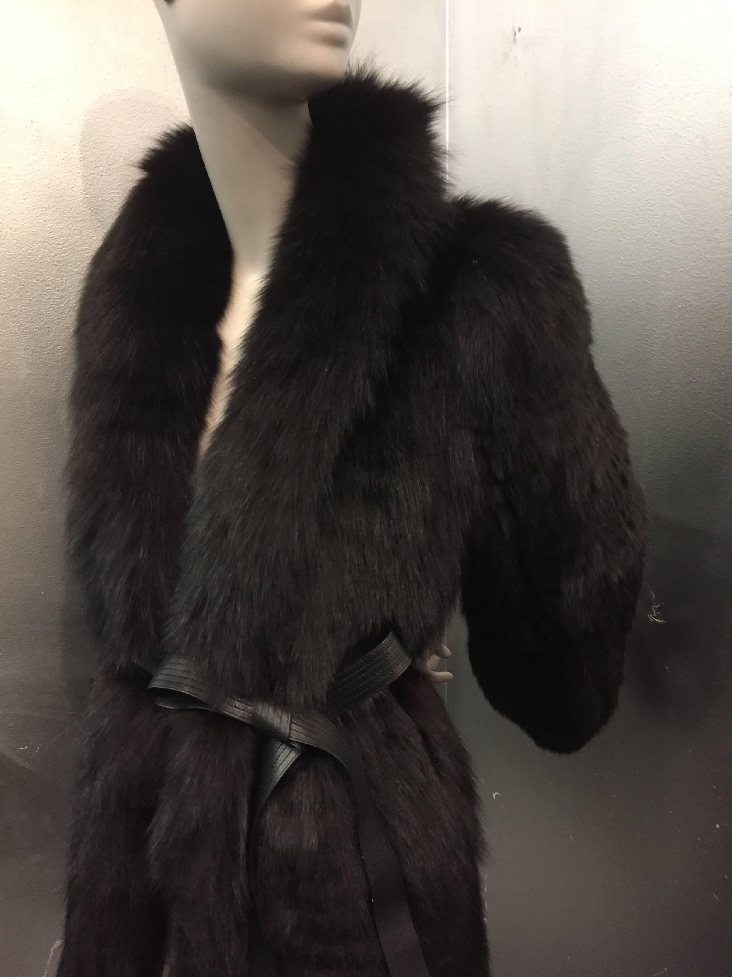 1980s Yves Saint Laurent Black Feathered Fox Coat w Leather Belt In Excellent Condition In Gresham, OR