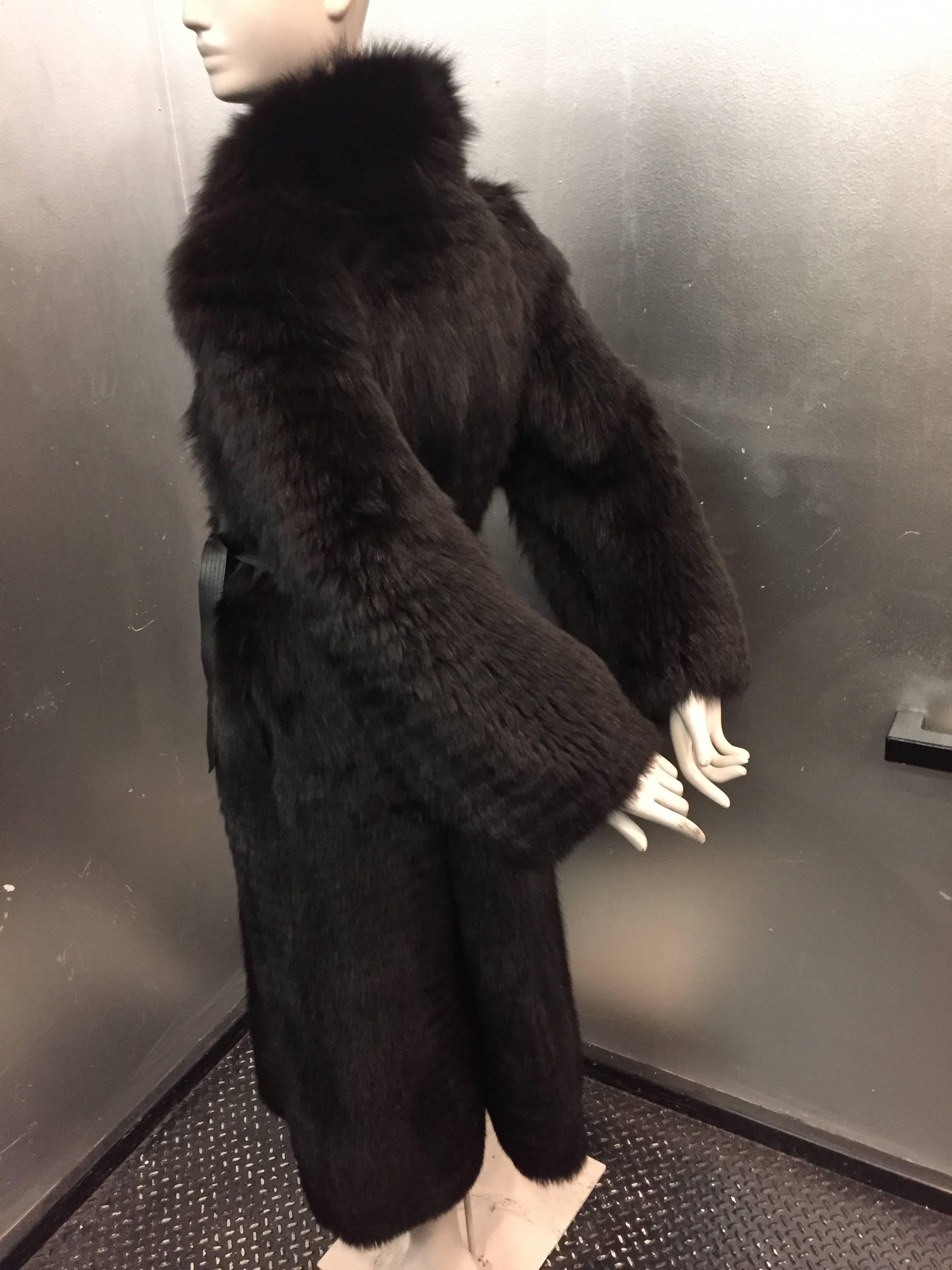 1980s Yves Saint Laurent Black Feathered Fox Coat w Leather Belt 1