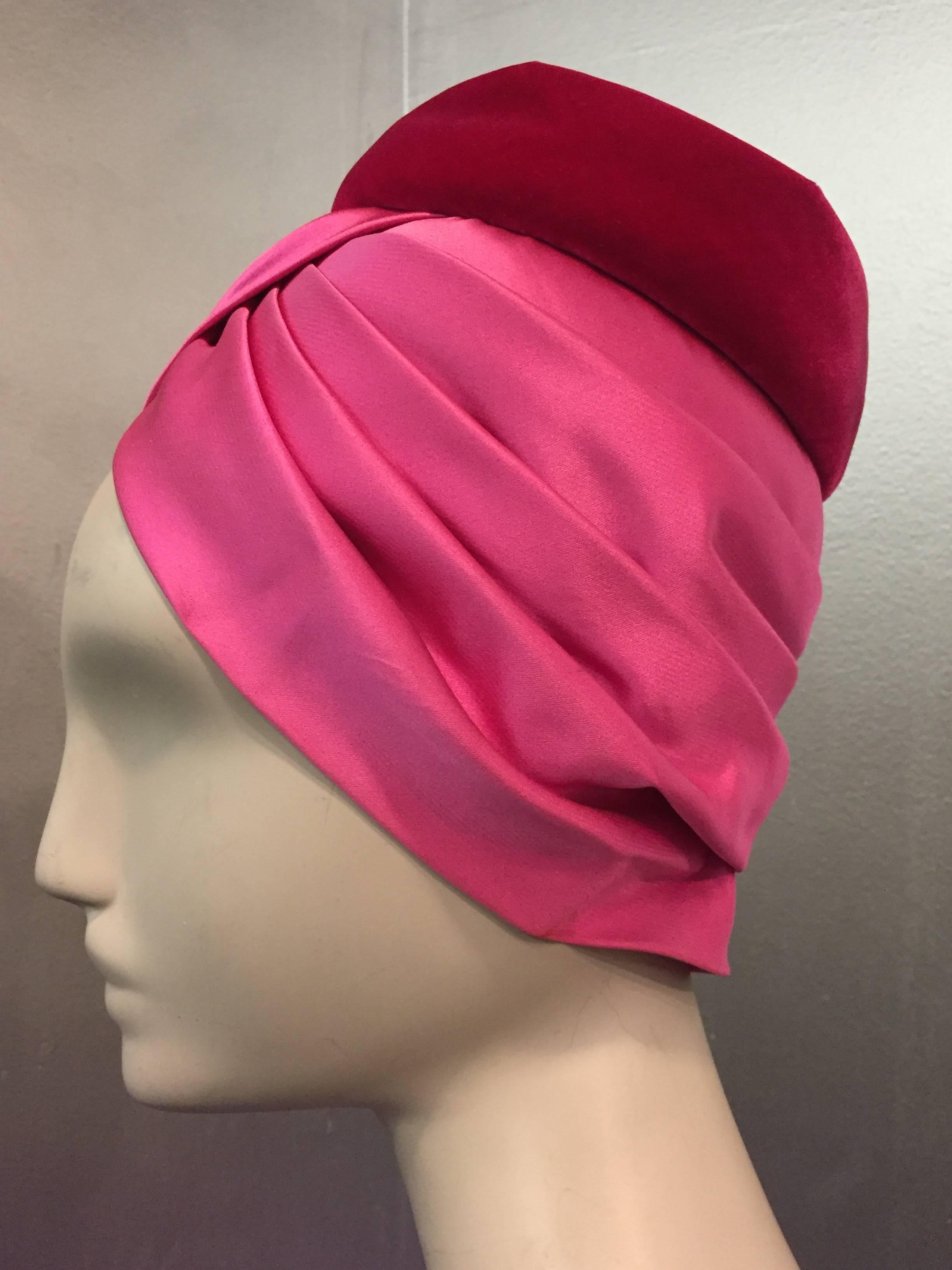 Women's 1960s Mr. Arnold Fuchsia Satin and Raspberry Velvet Turban Hat