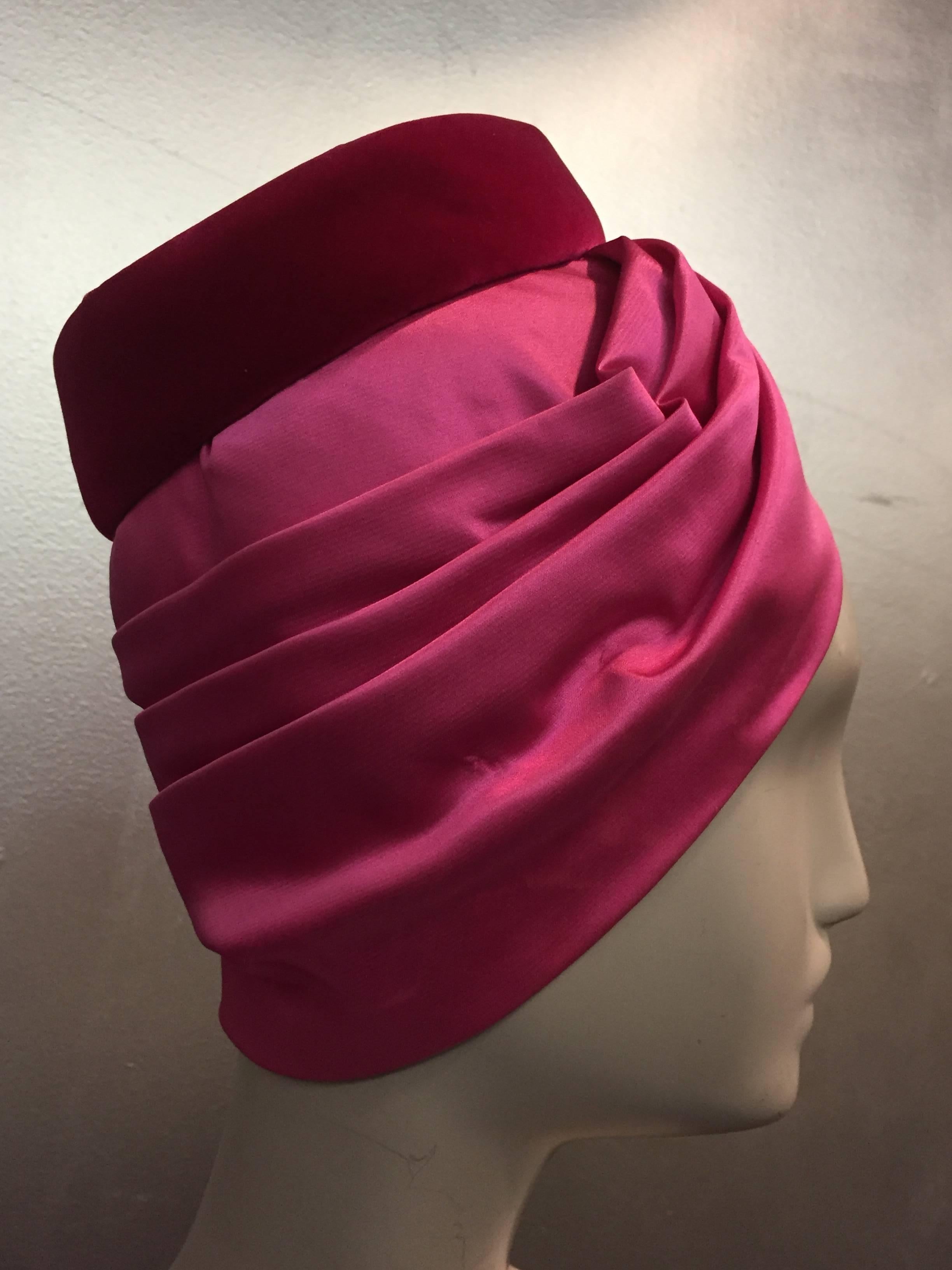 1960s Mr. Arnold Fuchsia Satin and Raspberry Velvet Turban Hat In Excellent Condition In Gresham, OR