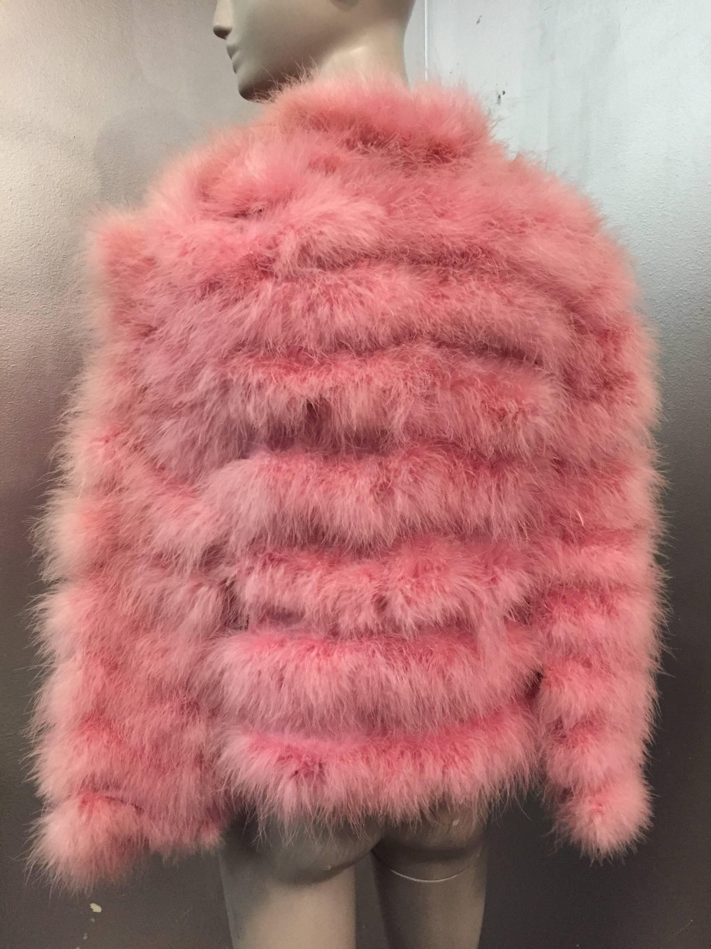 Women's or Men's 1970s Cotton Candy Pink Tiered Marabou Jacket w Tie at Neck
