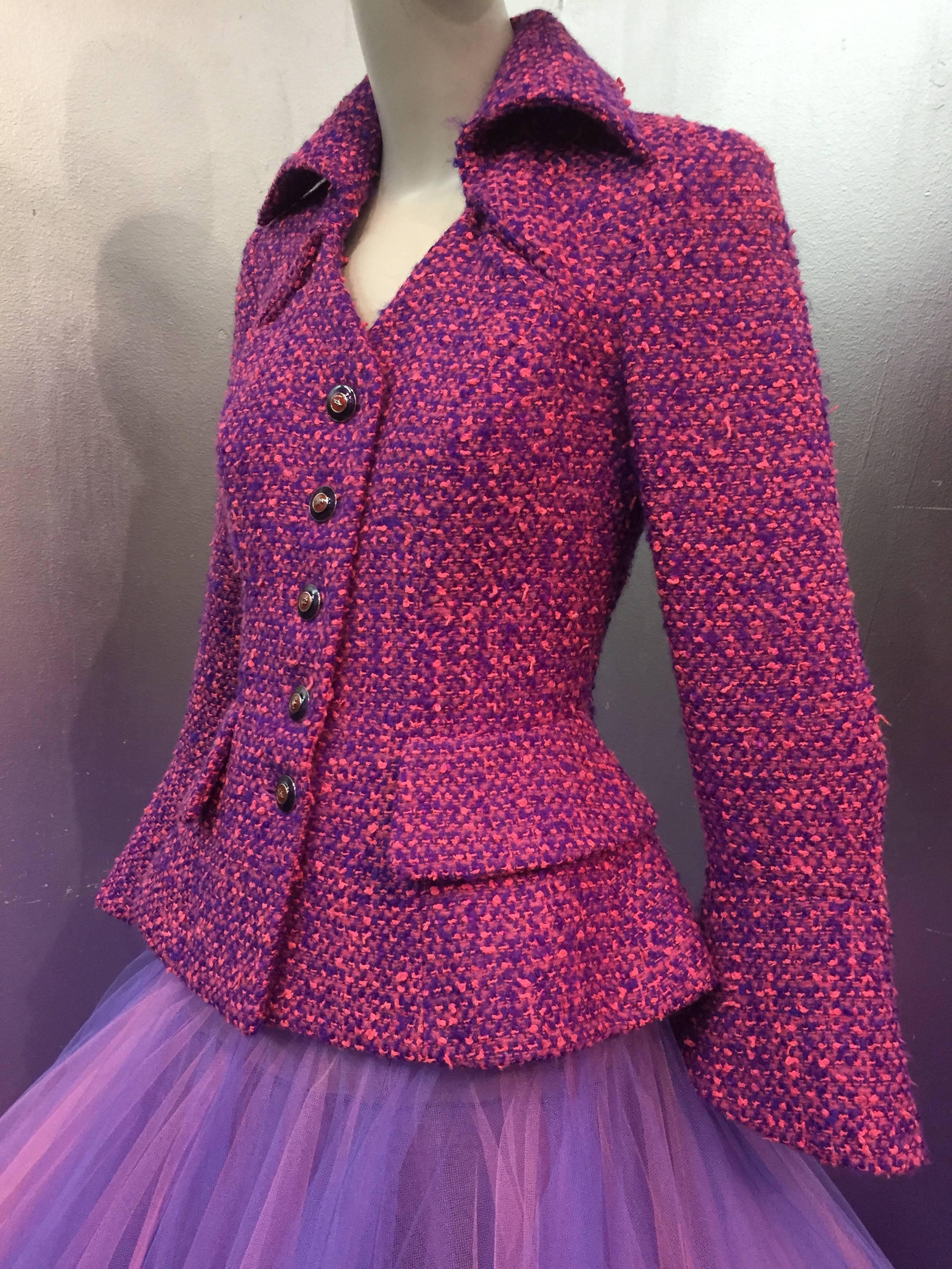 1990 JACQUES FATH Wool Tweed Jacket and Tulle Ball Skirt in Pink and Purple  2
