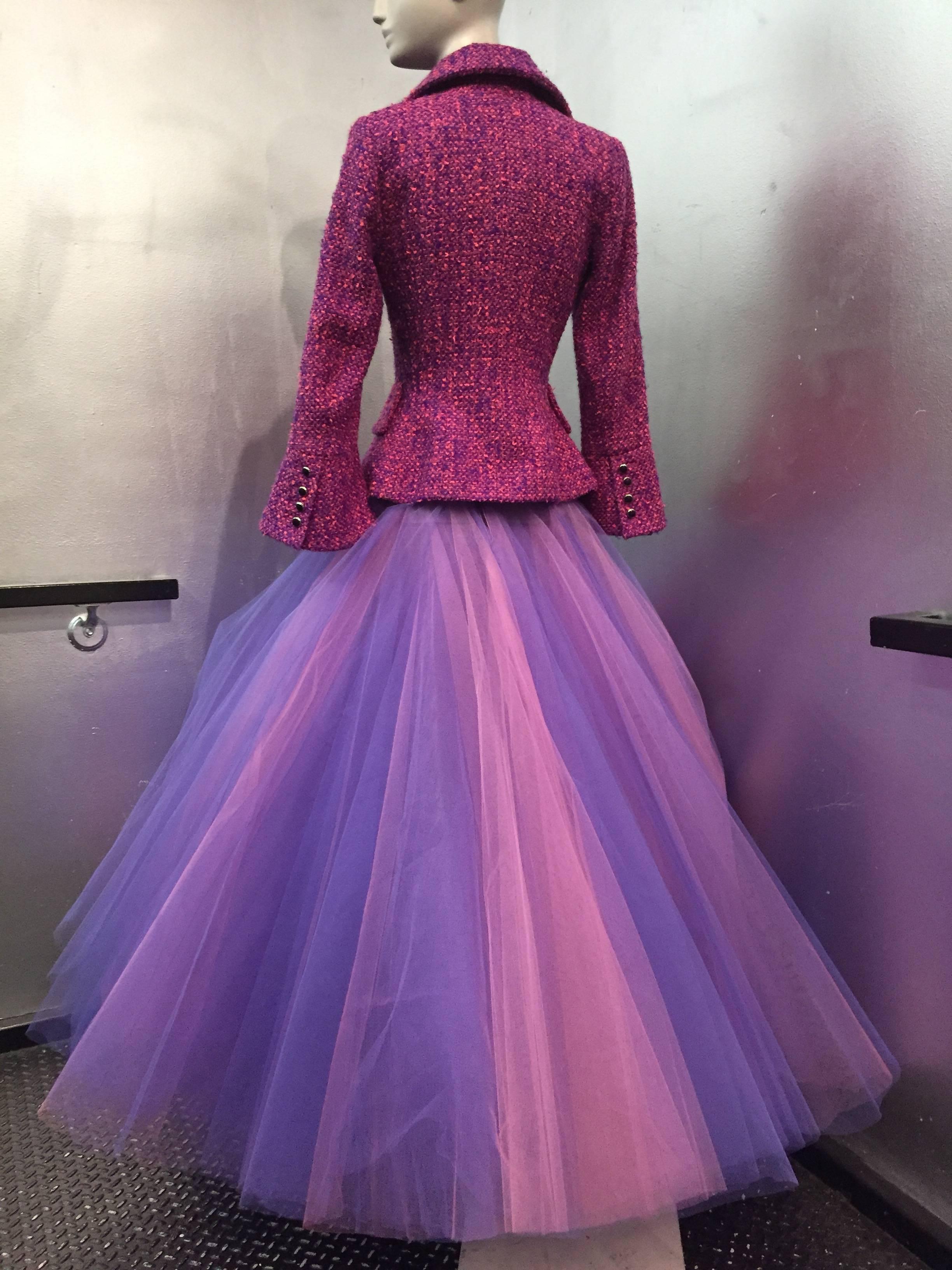 Women's 1990 JACQUES FATH Wool Tweed Jacket and Tulle Ball Skirt in Pink and Purple 