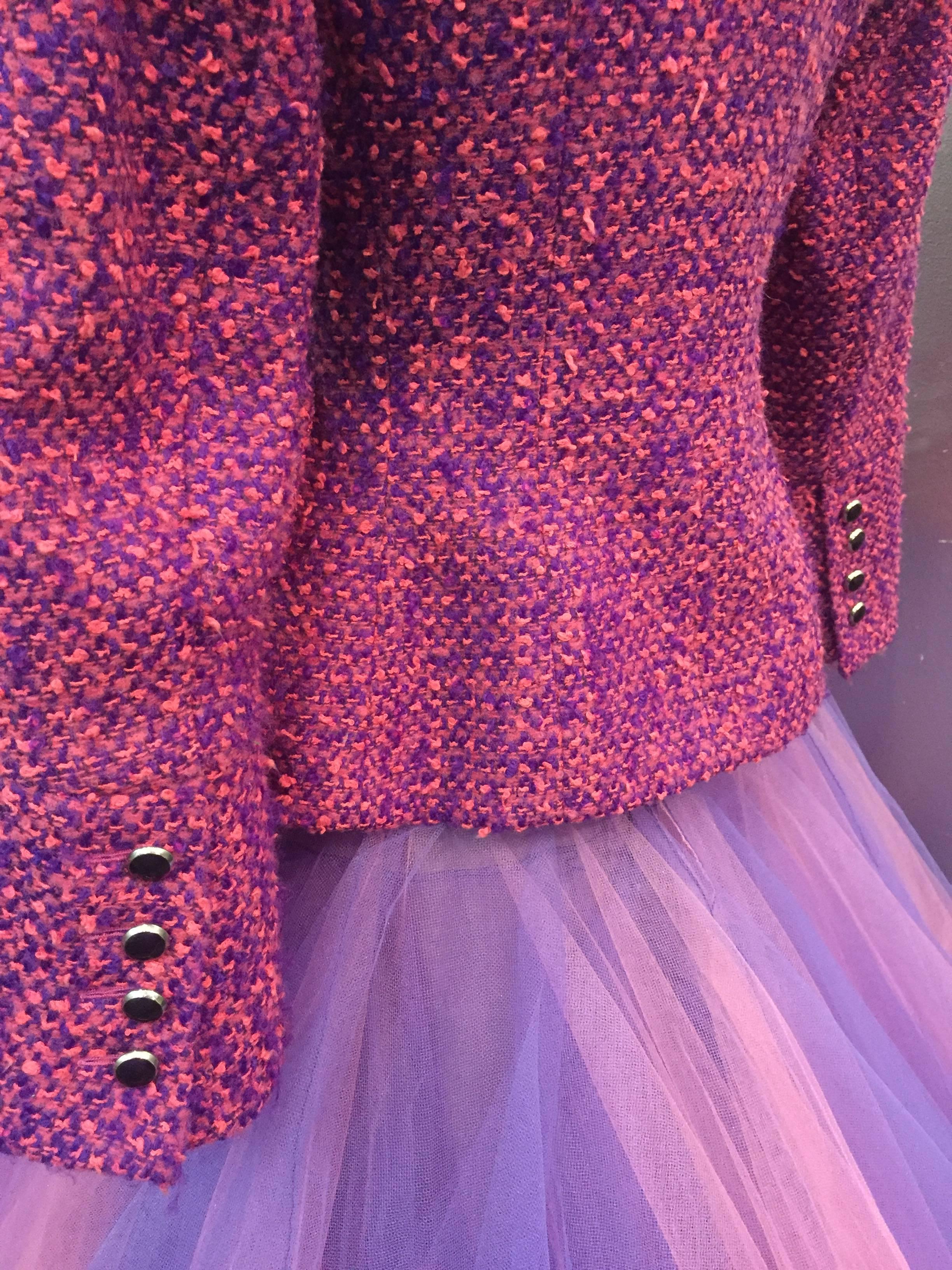 1990 JACQUES FATH Wool Tweed Jacket and Tulle Ball Skirt in Pink and Purple  1