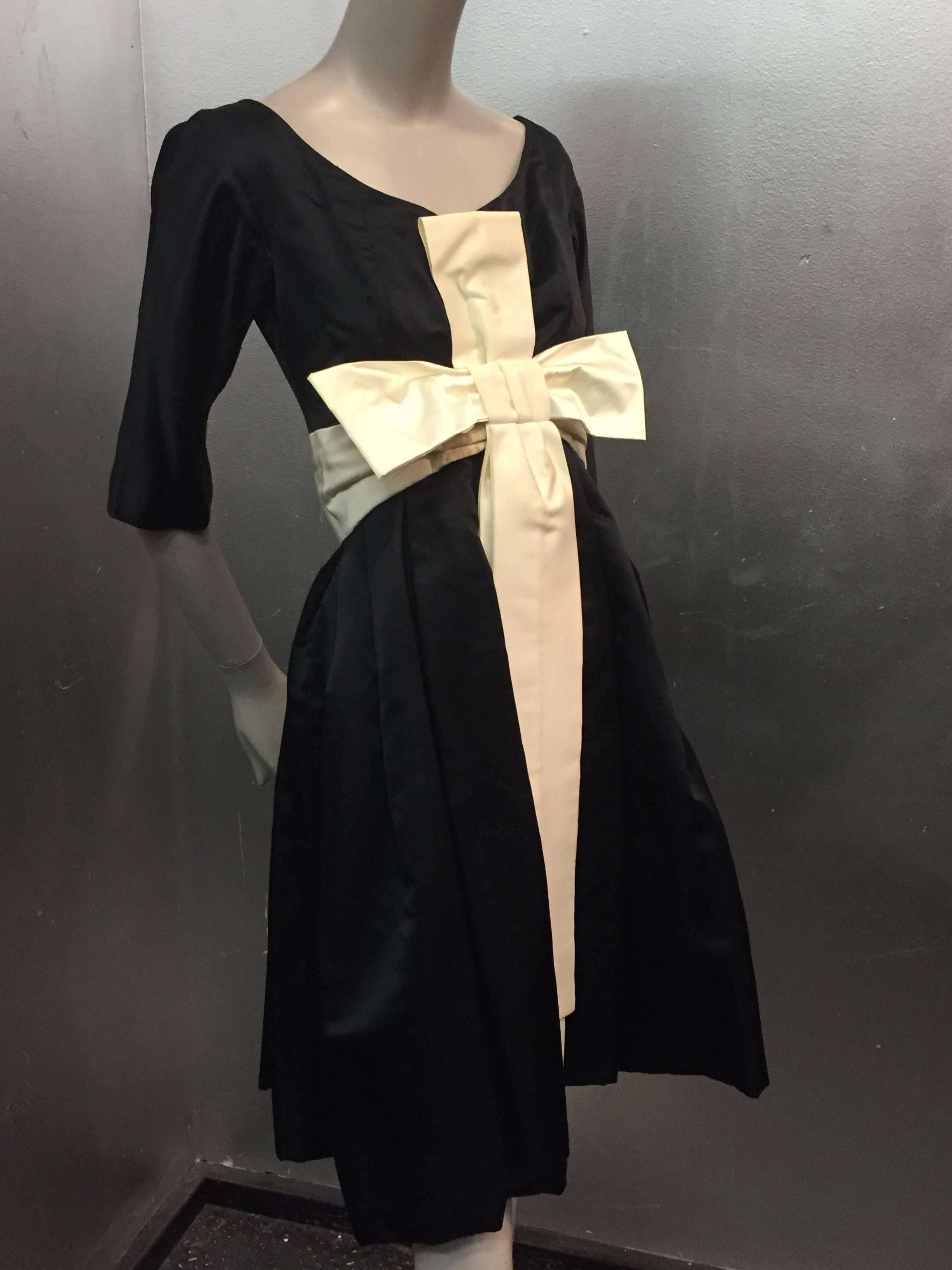 Women's 1950s Black Silk Cocktail Dress with Cream Silk Empire Bow Detail
