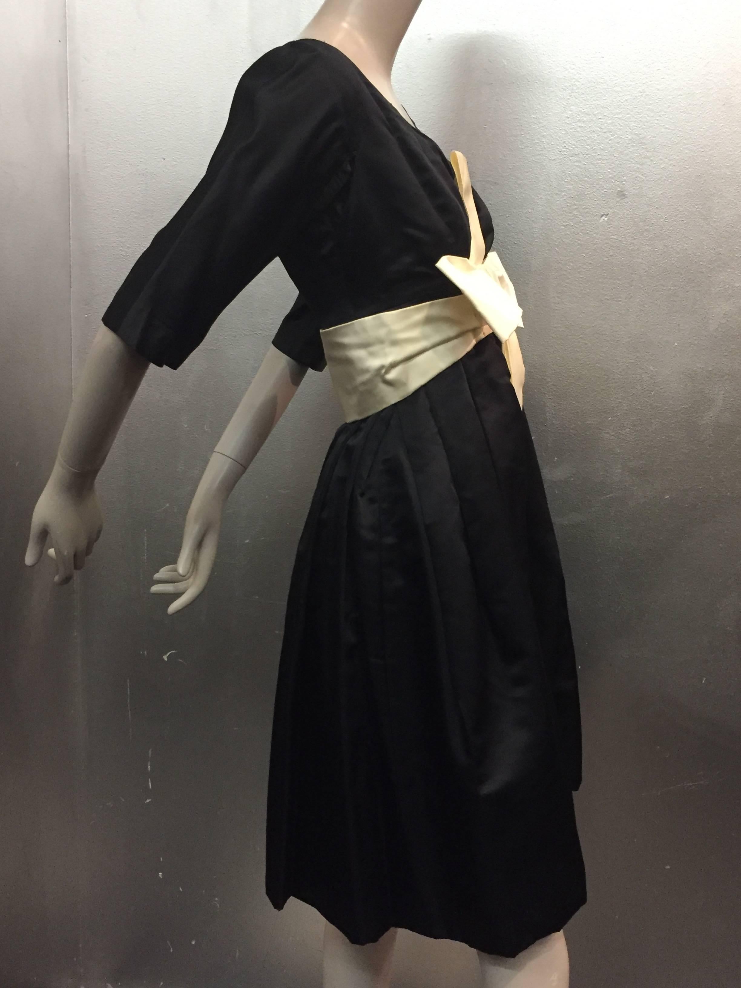1950s Black Silk Cocktail Dress with Cream Silk Empire Bow Detail 2