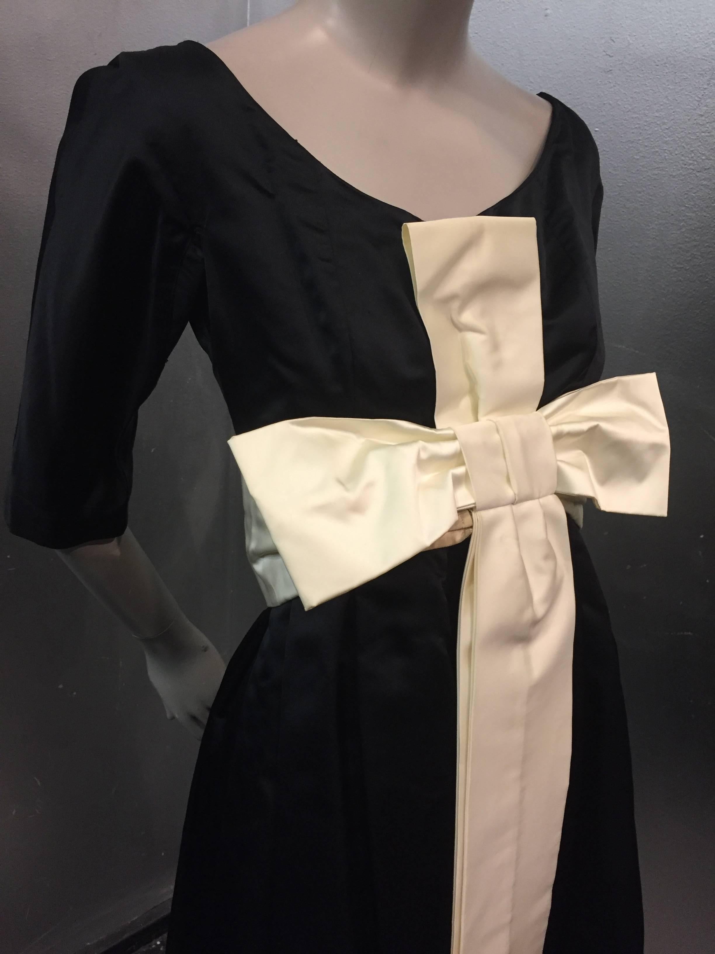1950s Black Silk Cocktail Dress with Cream Silk Empire Bow Detail 1