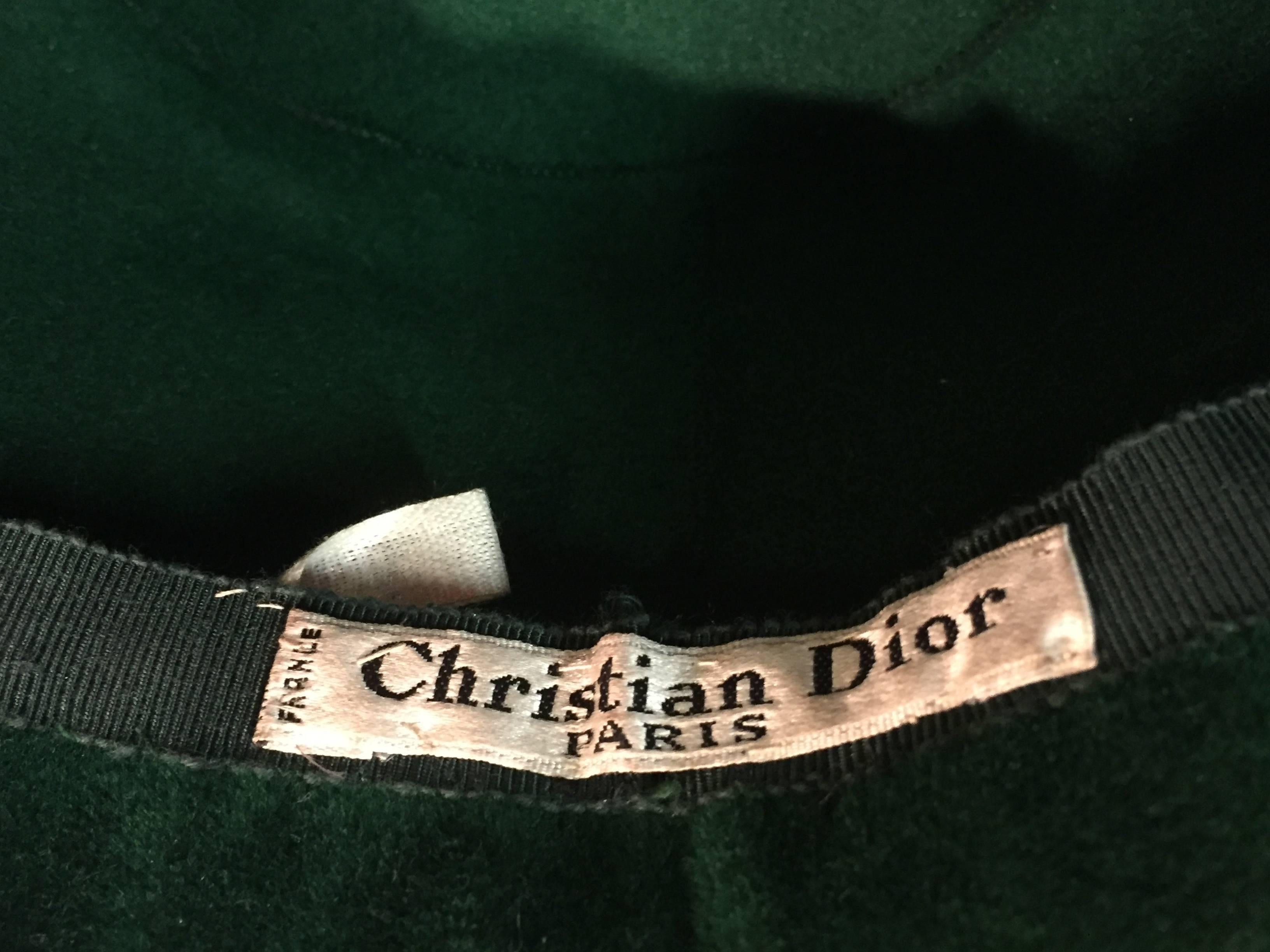 Black 1960s Christian Dior Evergreen Velvet Felt Fez Style Hat W/ Knit Back Bow