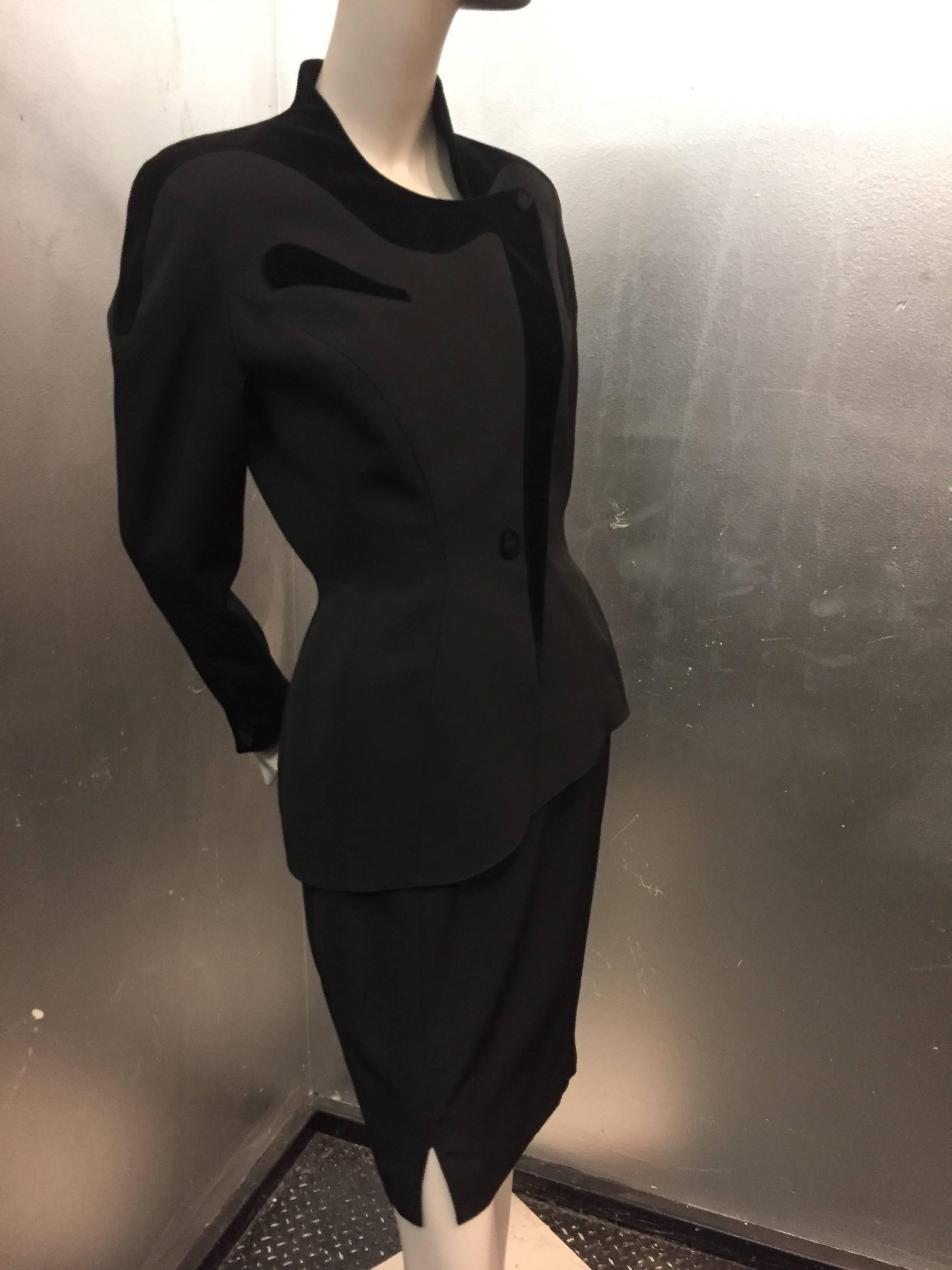 1980s Thierry Mugler Iconic Wasp-Waist Black Wool and Velvet Asymmetrical Suit 2