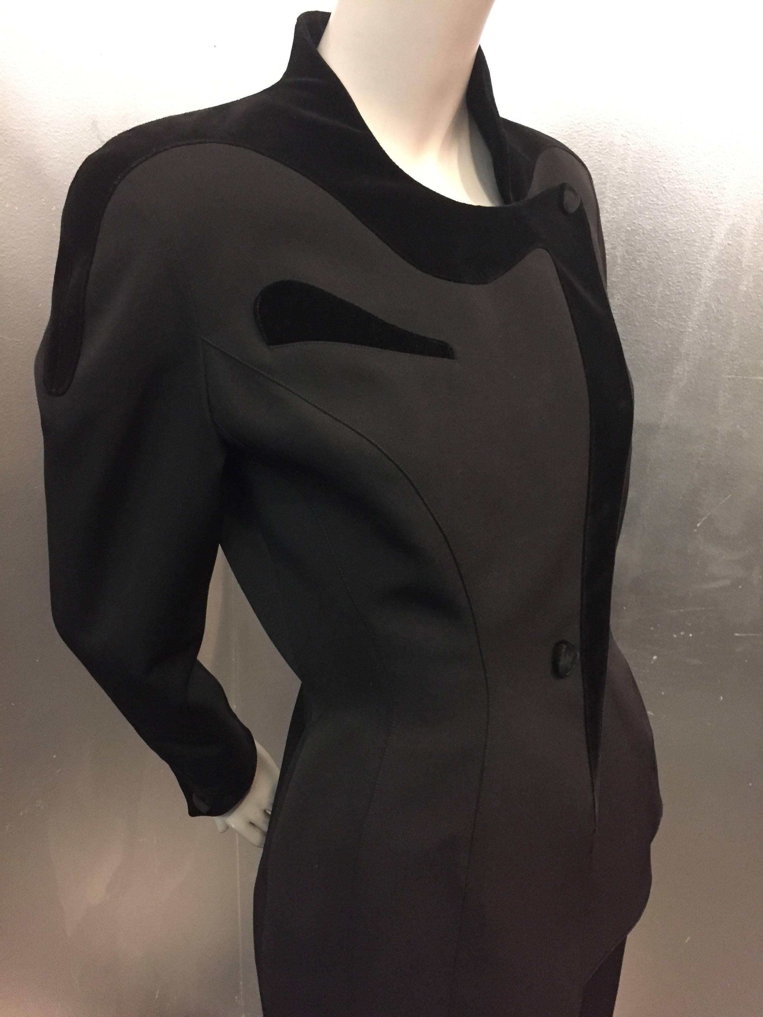 1980s Thierry Mugler Iconic Wasp-Waist Black Wool and Velvet Asymmetrical Suit 1
