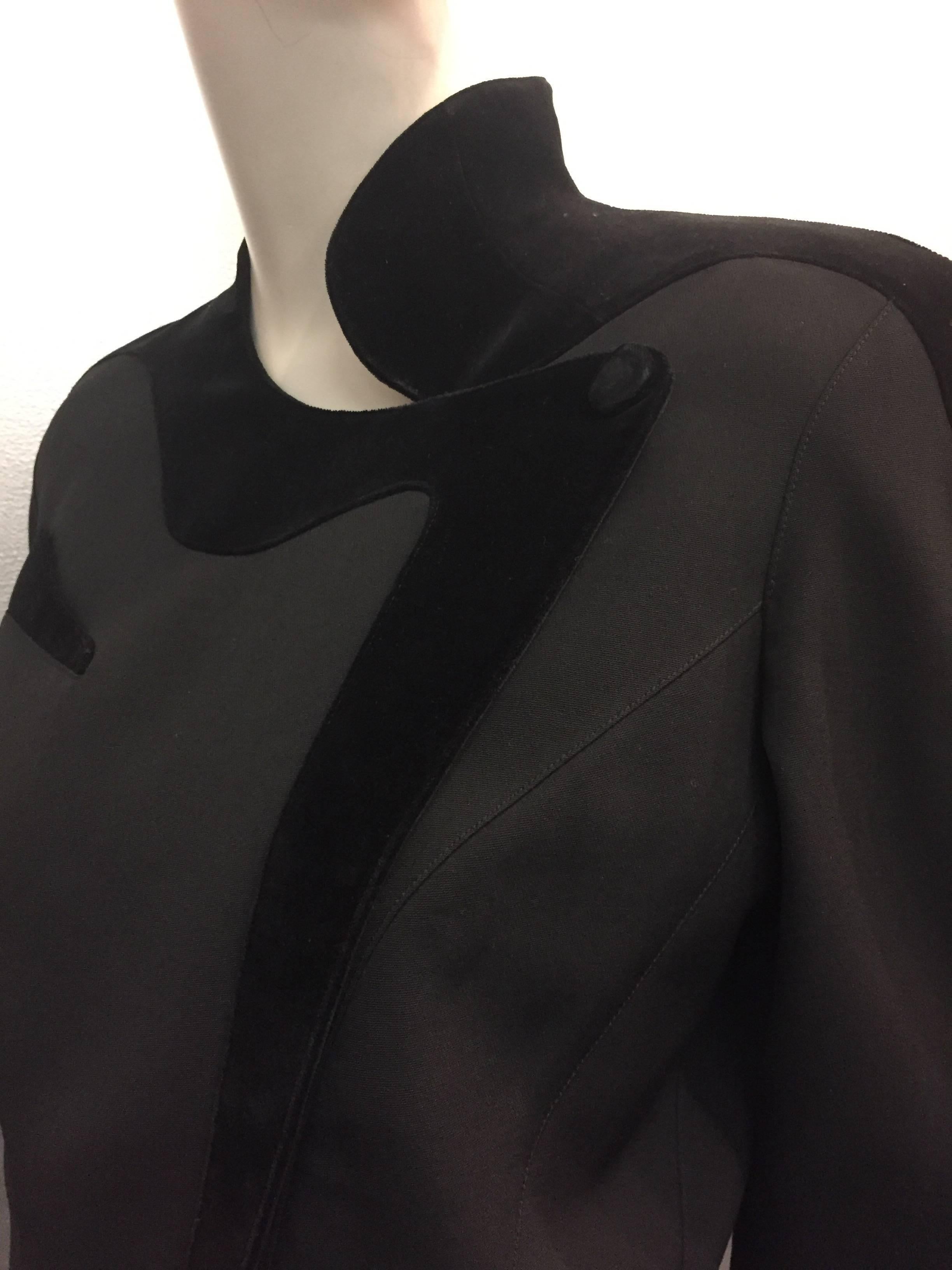 1980s Thierry Mugler Iconic Wasp-Waist Black Wool and Velvet Asymmetrical Suit 3