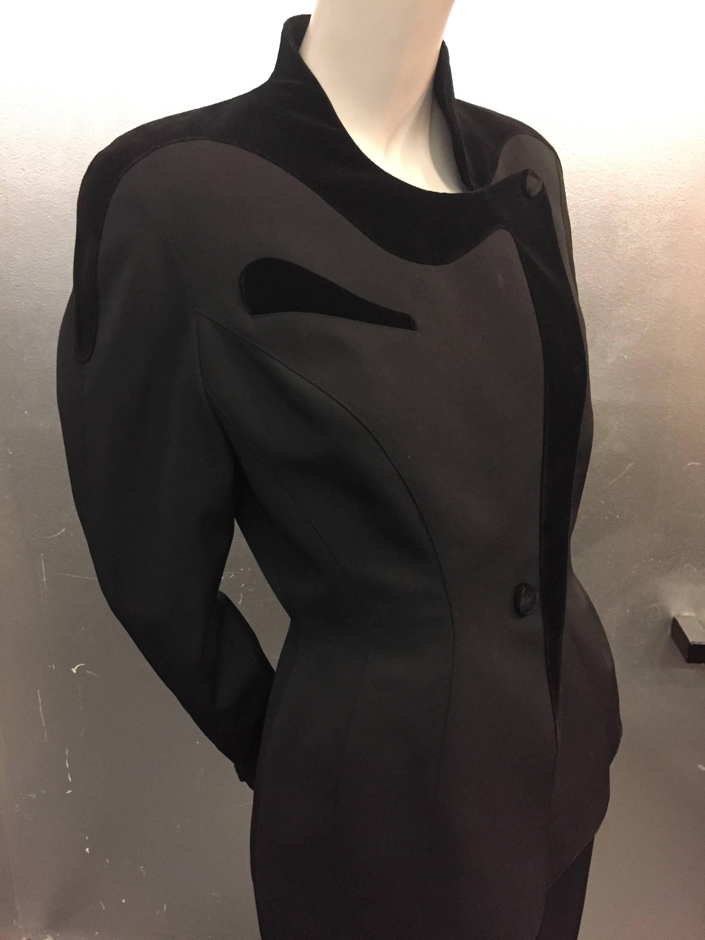 Women's 1980s Thierry Mugler Iconic Wasp-Waist Black Wool and Velvet Asymmetrical Suit