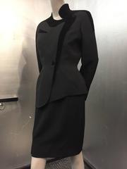 1980s Thierry Mugler Iconic Wasp-Waist Black Wool and Velvet Asymmetrical Suit