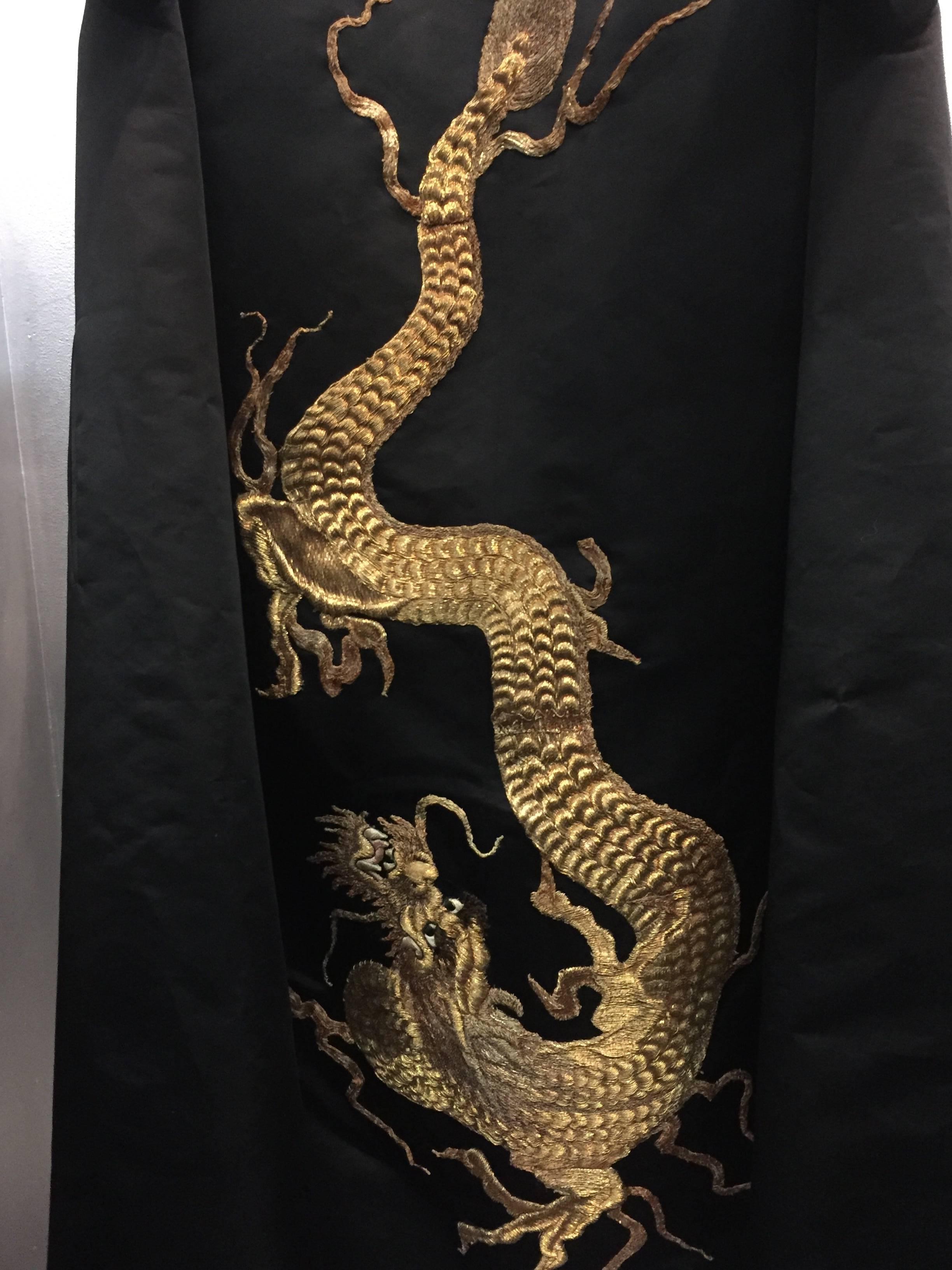 1950s Black Silk Satin Evening Coat w Stunning Antique Gold Chinese Dragon 2