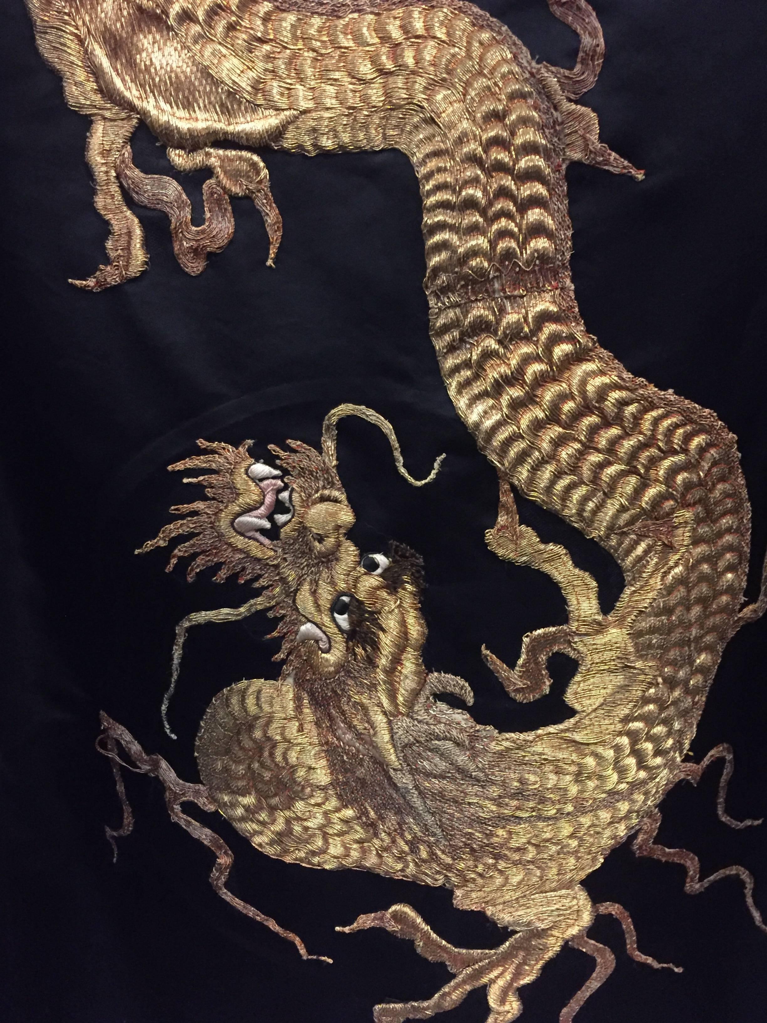 1950s Black Silk Satin Evening Coat w Stunning Antique Gold Chinese Dragon 4