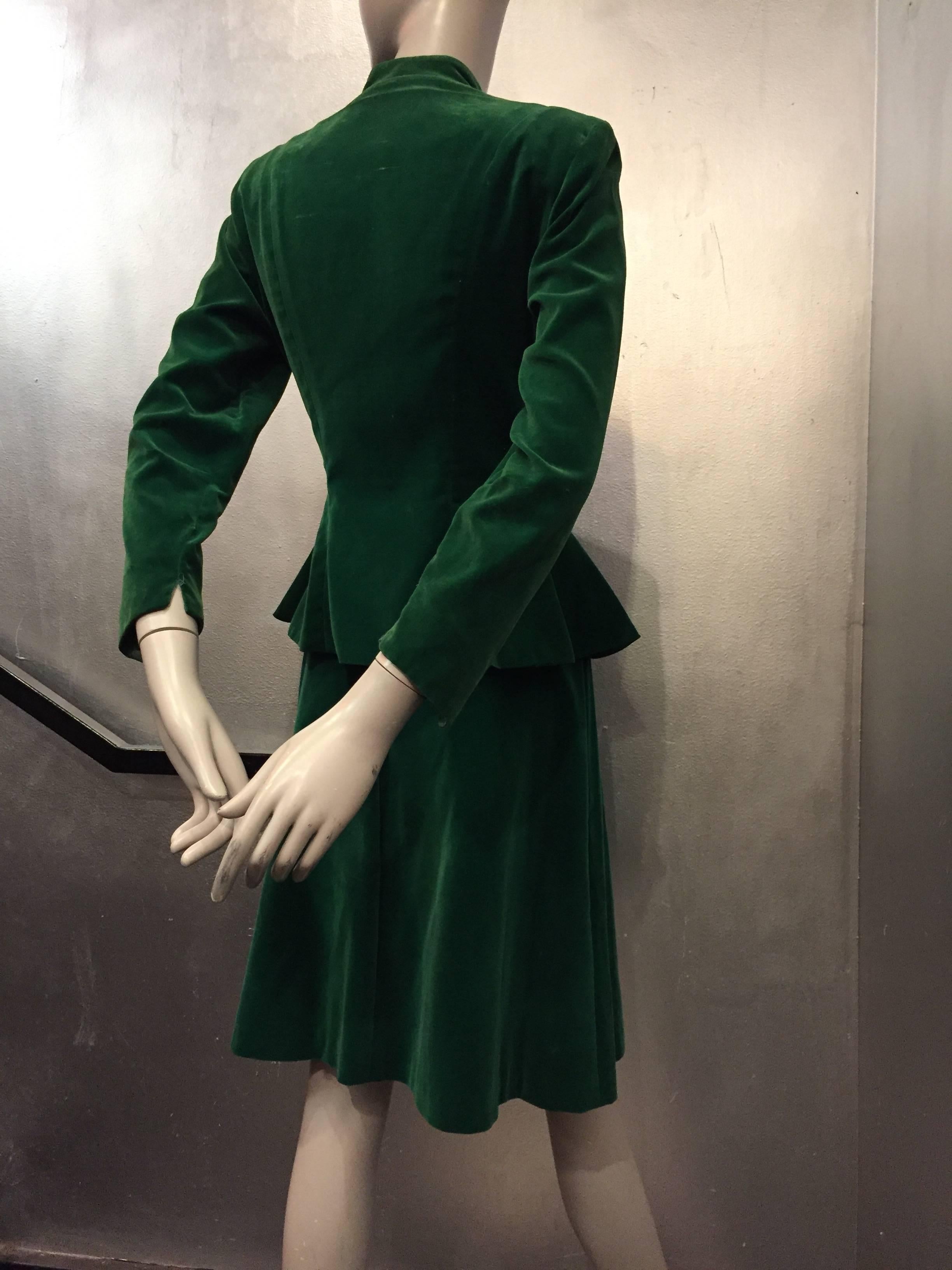 1940s Emerald Green Velvet Peplum Suit with Floral Trapunto Work and Flair 2