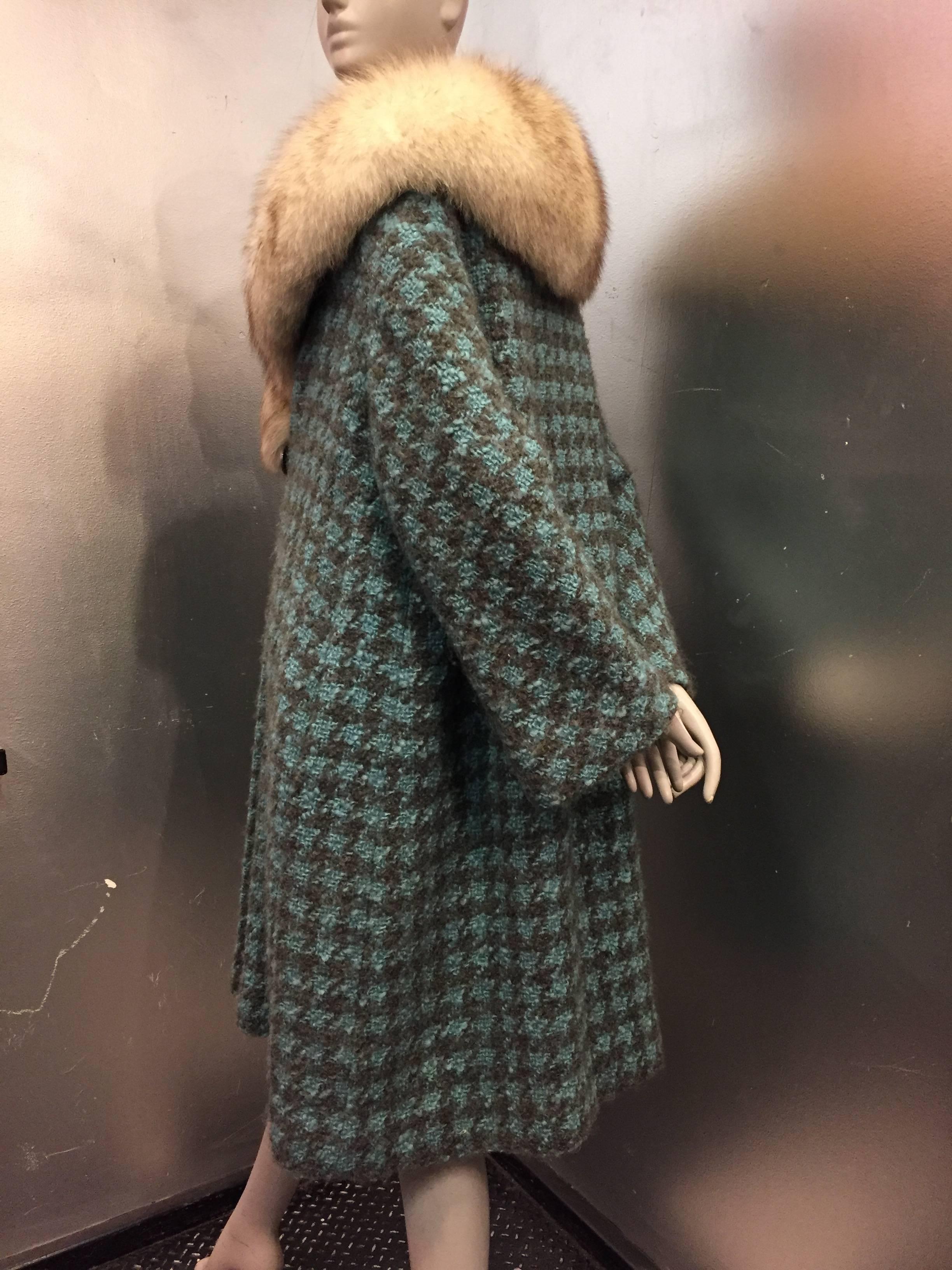 Women's 1950s Heidi Turquoise and Gray Houndstooth Swing Coat w Large Silver Fox Collar 