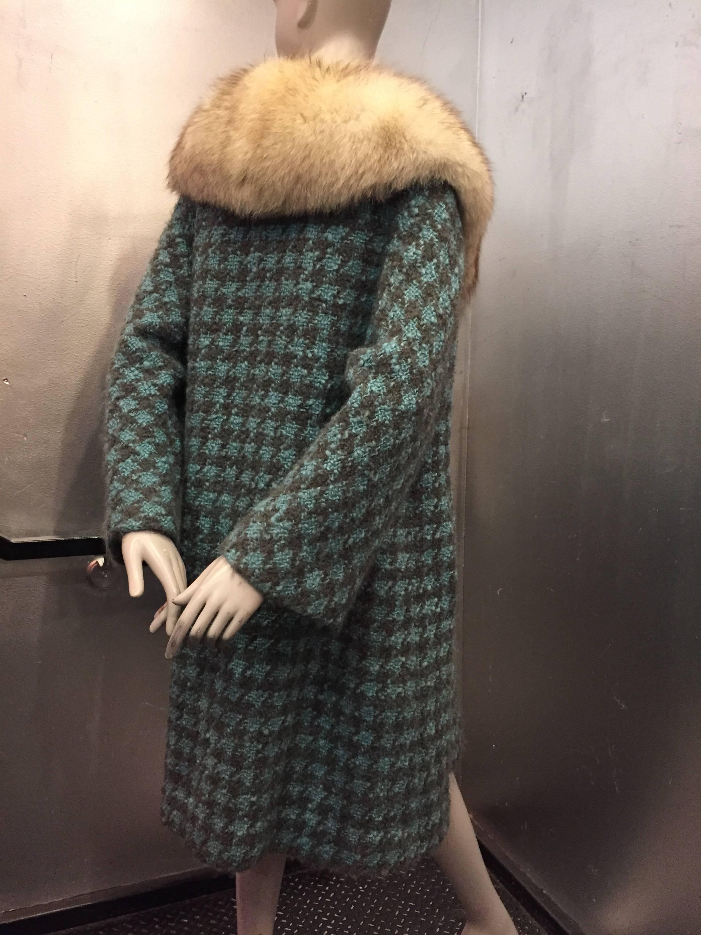 1950s Heidi Turquoise and Gray Houndstooth Swing Coat w Large Silver Fox Collar  1