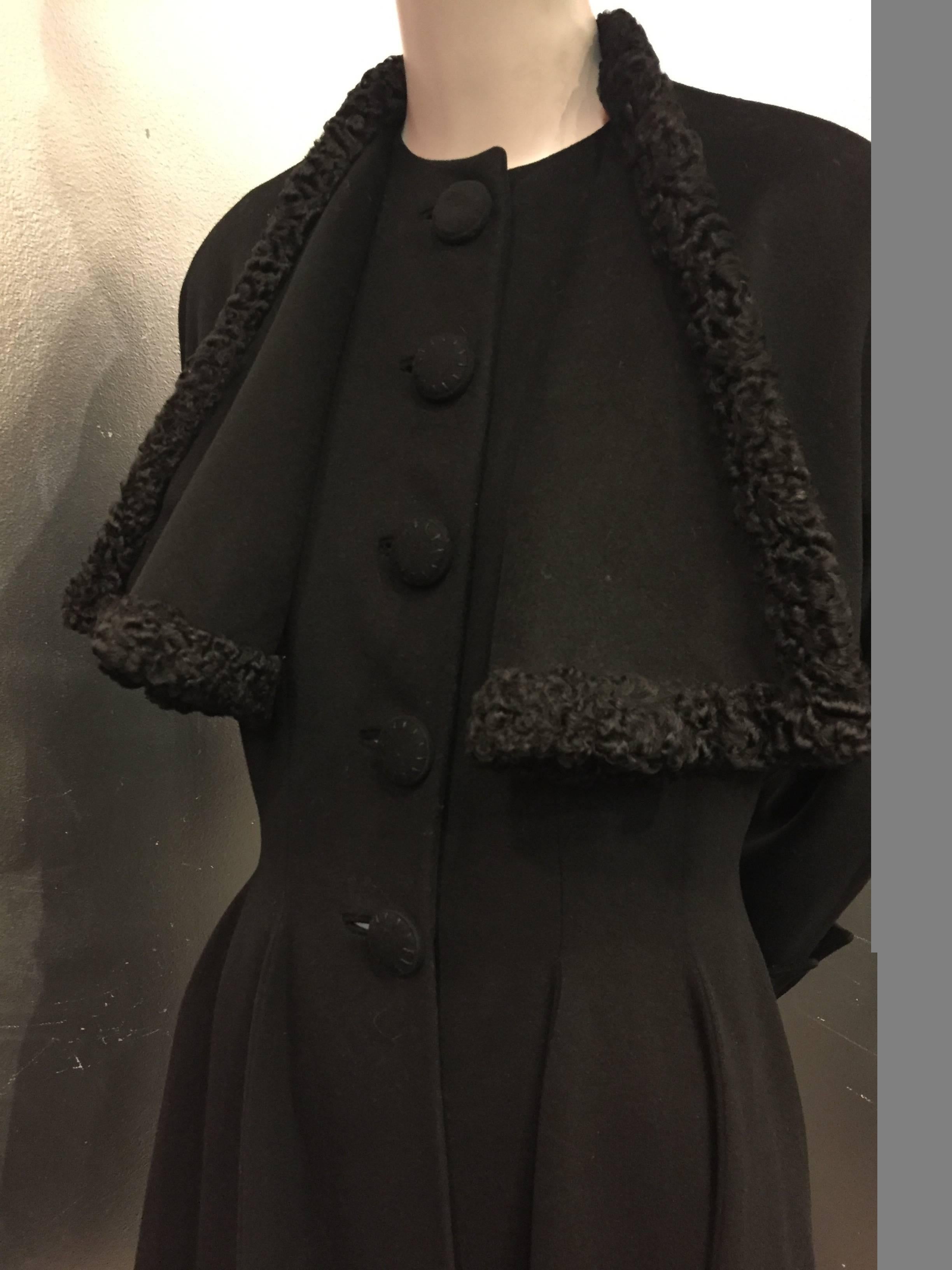 Women's 1950s Willi Black Wool Fit and Flair Coat w Drape Collar Trimmed in Persian Lamb