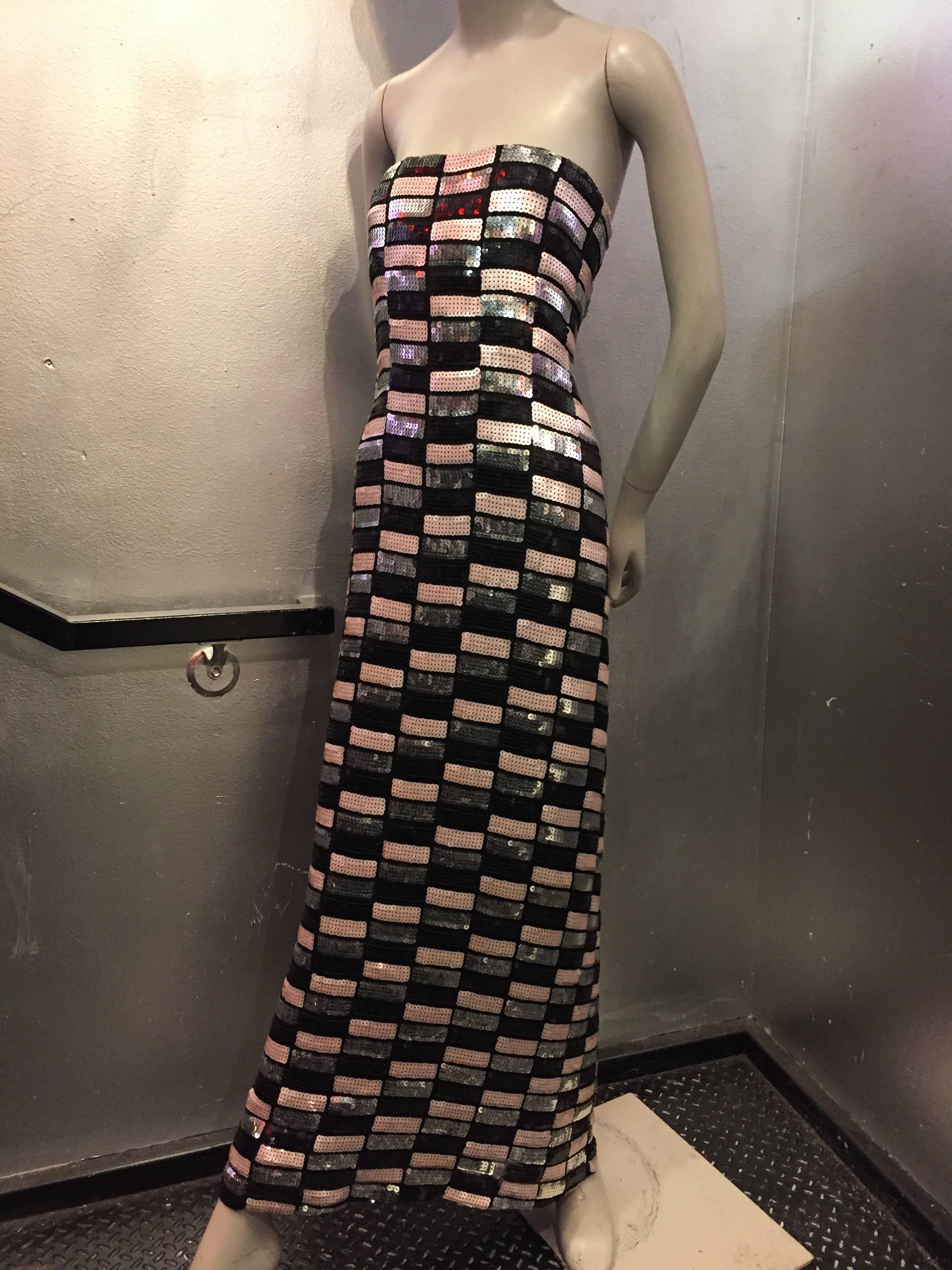 1970s Arnold Scaasi Geometric Sequined Strapless Column Gown In Excellent Condition In Gresham, OR