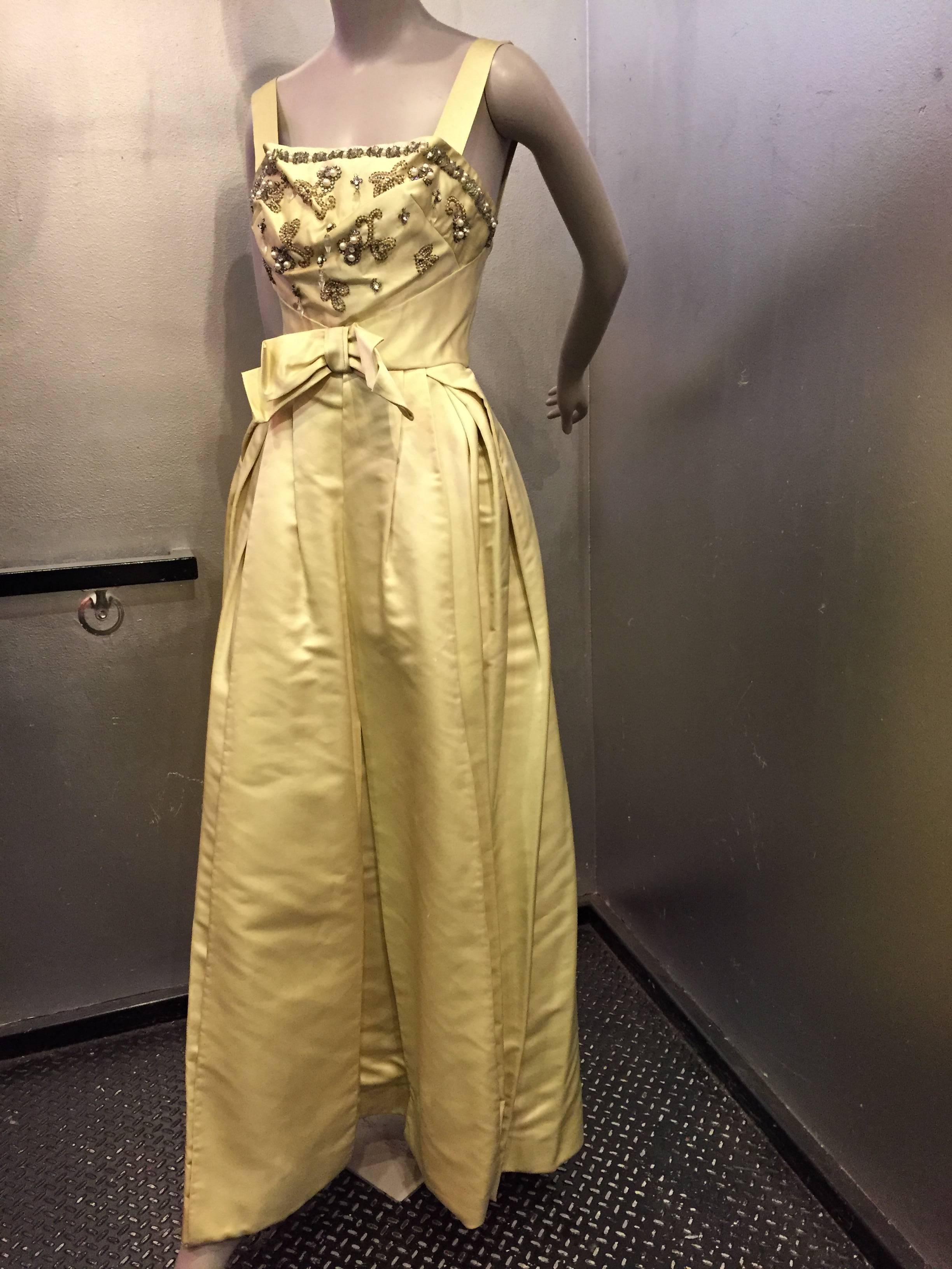 Brown Incredible 1950s Elizabeth Arden Celadon Satin Gown w Beaded Bodice