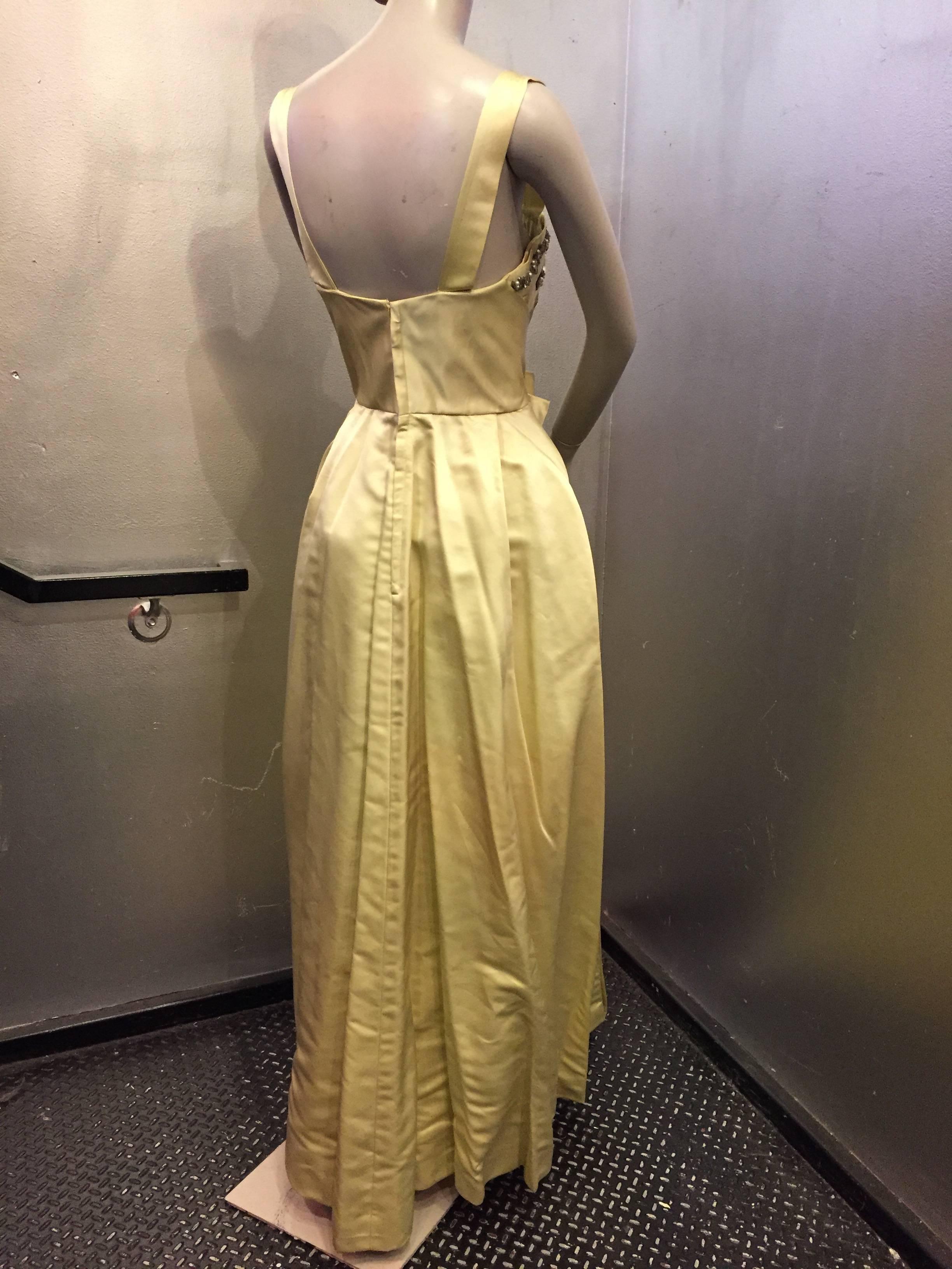 Incredible 1950s Elizabeth Arden Celadon Satin Gown w Beaded Bodice In Excellent Condition In Gresham, OR