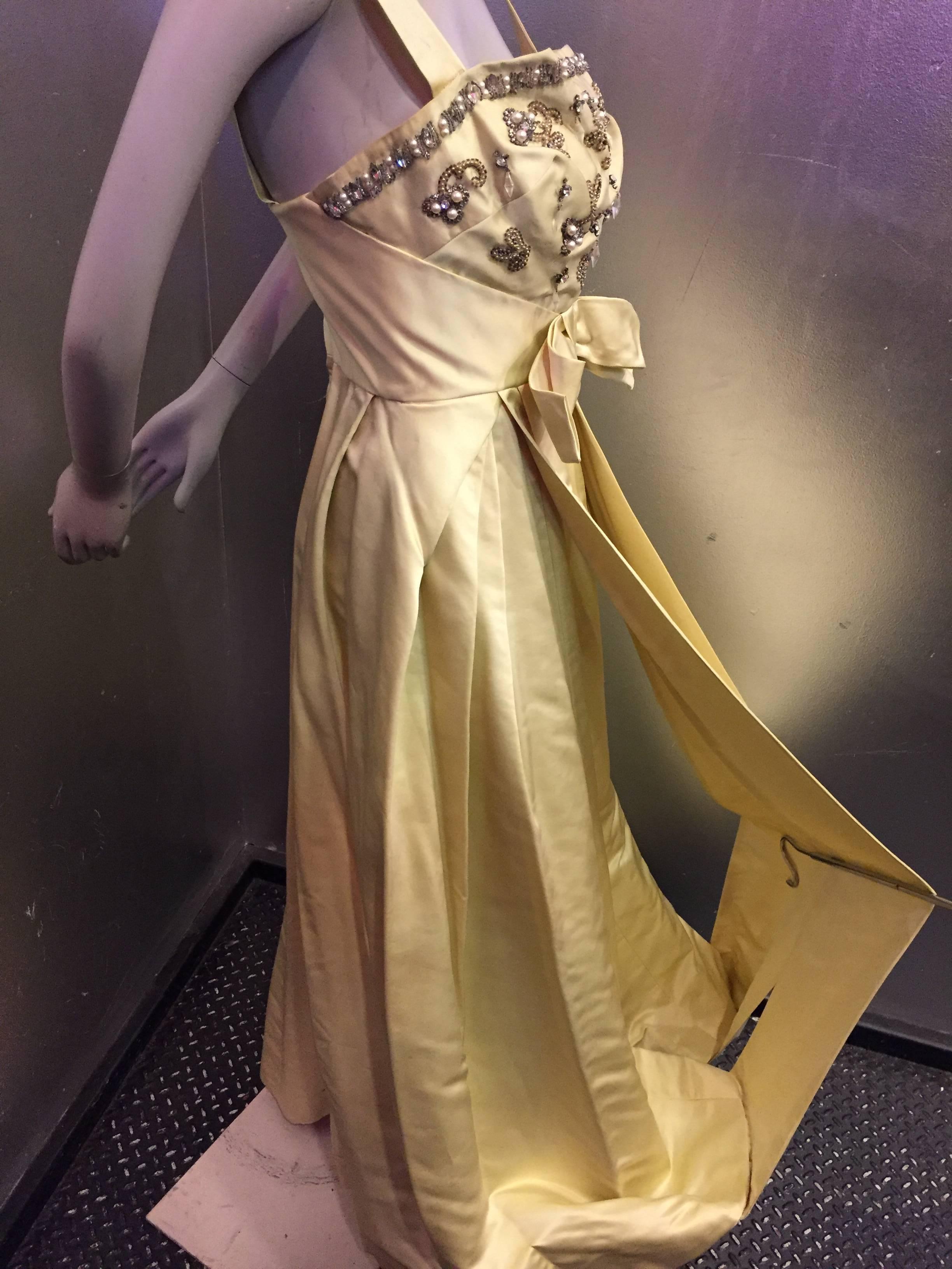 Women's Incredible 1950s Elizabeth Arden Celadon Satin Gown w Beaded Bodice