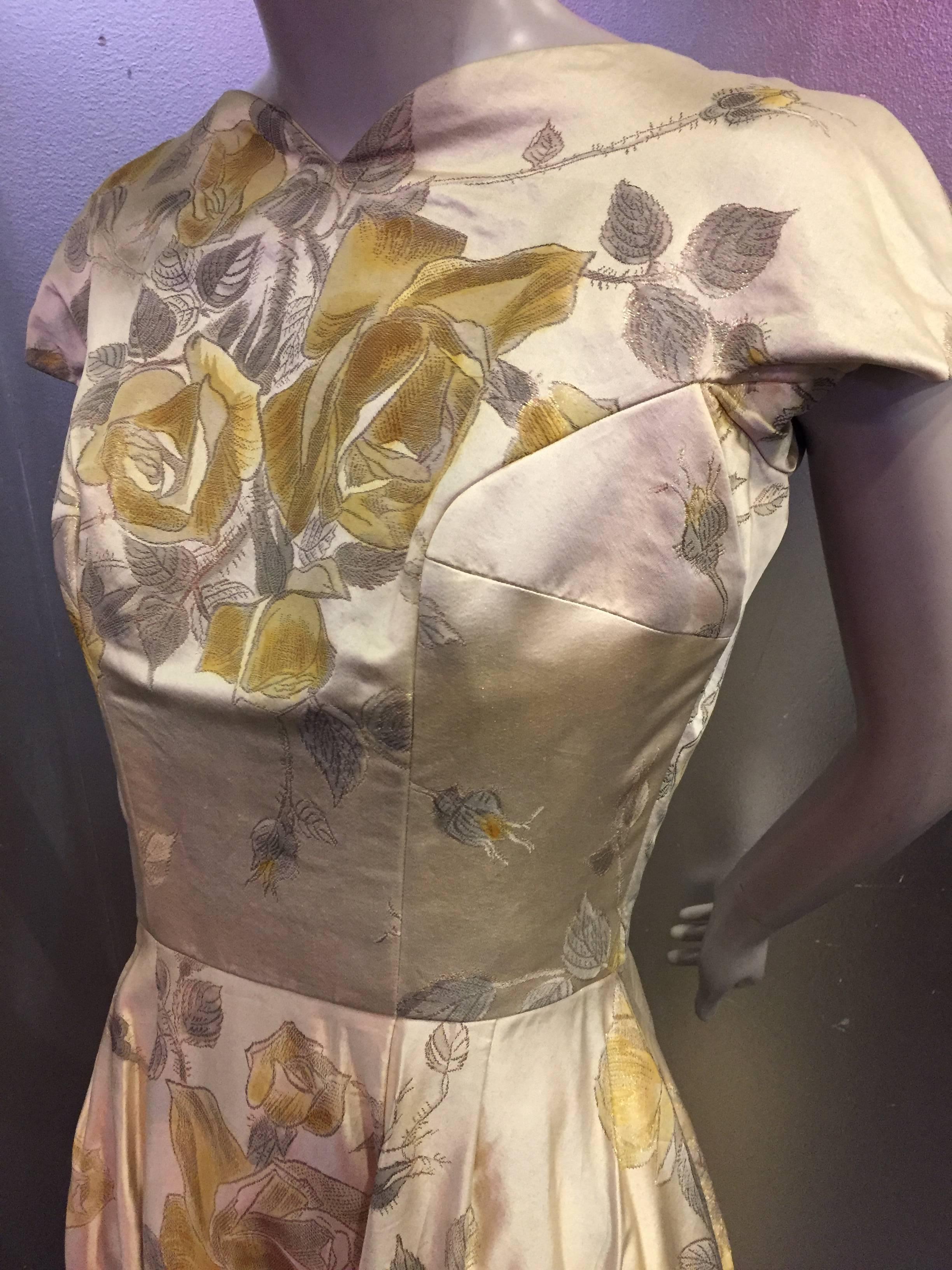 1950s James Galanos Golden Rose-Patterned Brocade Evening Gown w Train 2